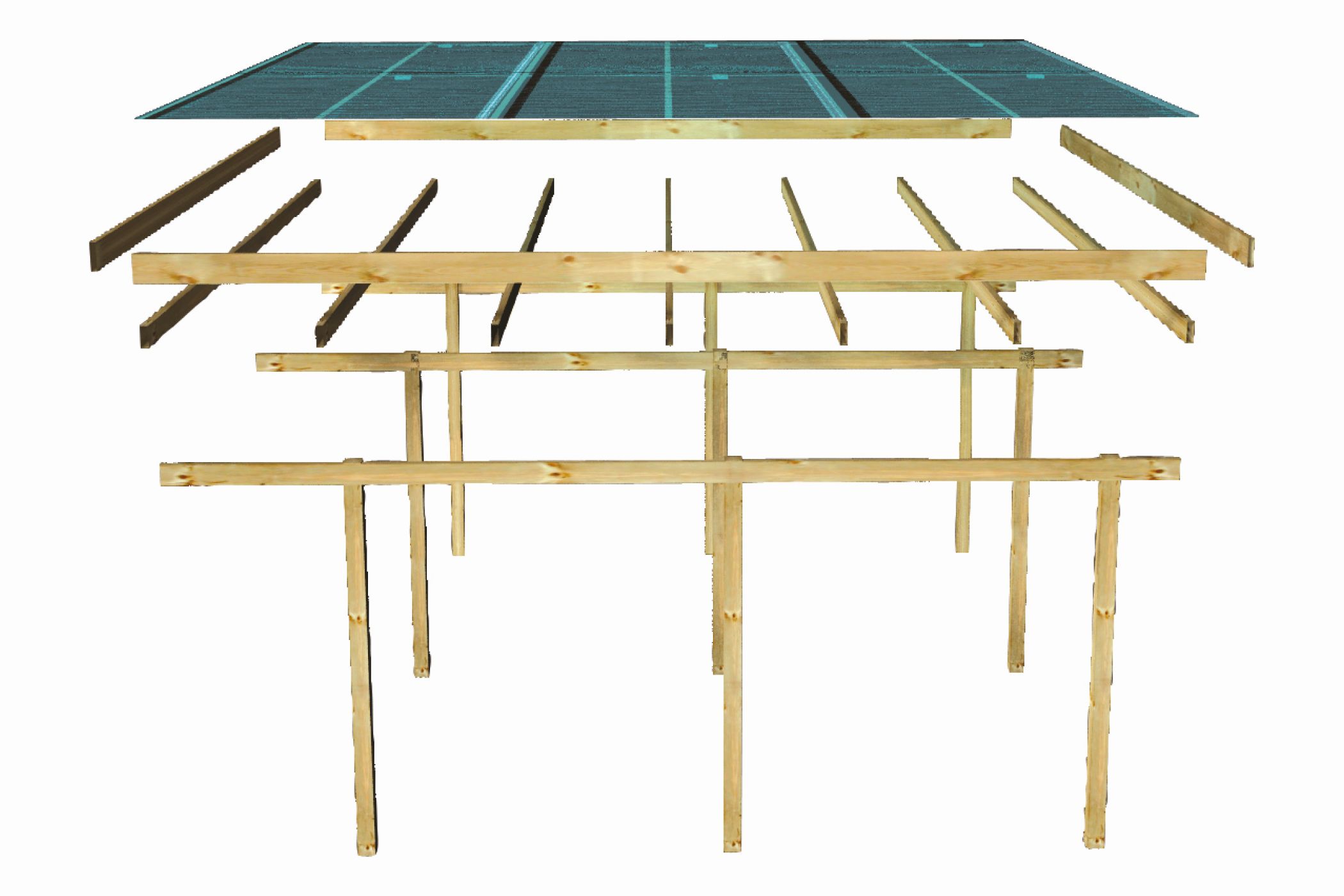 Aufbaudarstellung des Karibu Doppelcarport BASIC 2 mit Pfosten, Trägerbalken und Dachplatten im Überblick