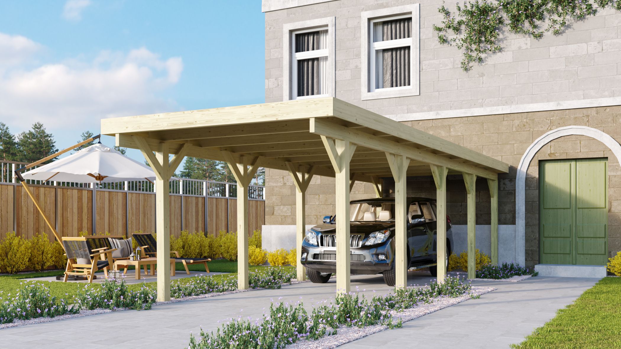 Karibu Einzelcarport Classic 3 aus KDI-Massivholz mit Flachdach im Garten aufgebaut