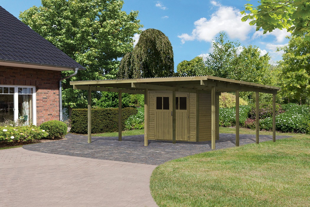 Karibu Doppelcarport BASIC 2 mit integriertem Abstellraum aus KDI-Massivholz im Garten aufgebaut