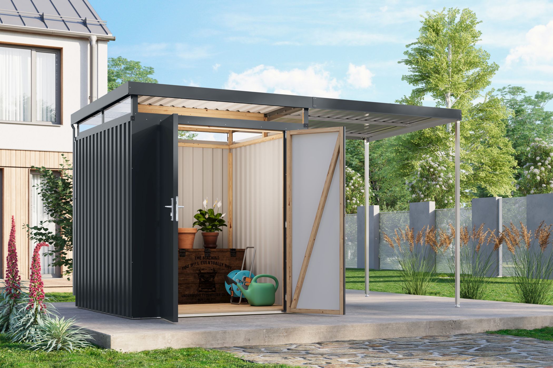 Karibu Gerätehaus aus Metall Aurum 2 in Anthrazit im Garten