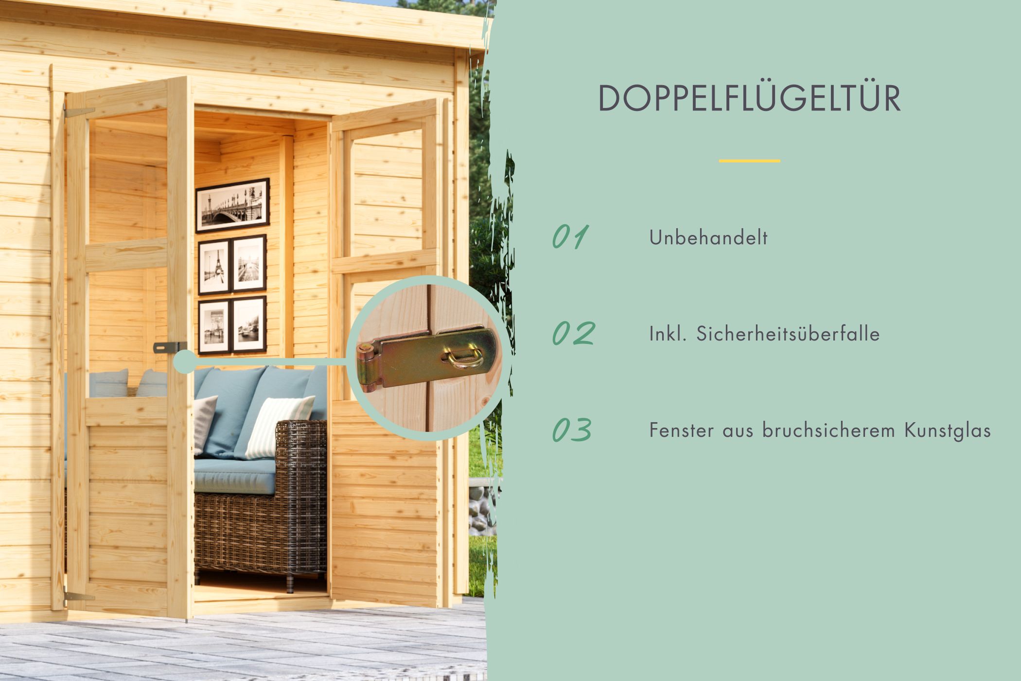 Doppelflügeltür des Karibu Gerätehaus Merseburg 6 mit Zylinderschloss und Kunstglas