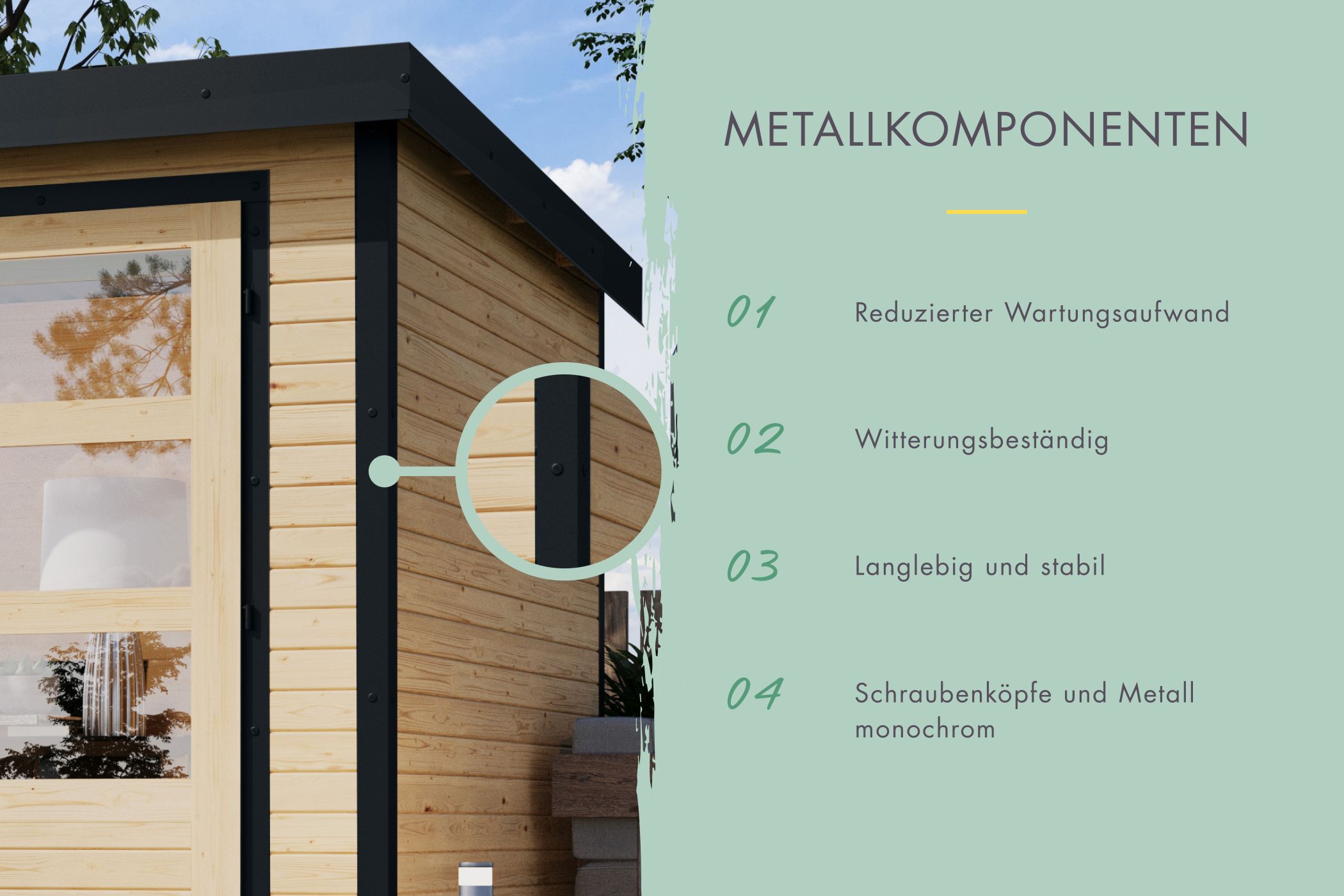 Metallkomponenten des Karibu Gartenhaus Holz & Metall Pluto 7 für wartungsarme Ecken und Dachleisten