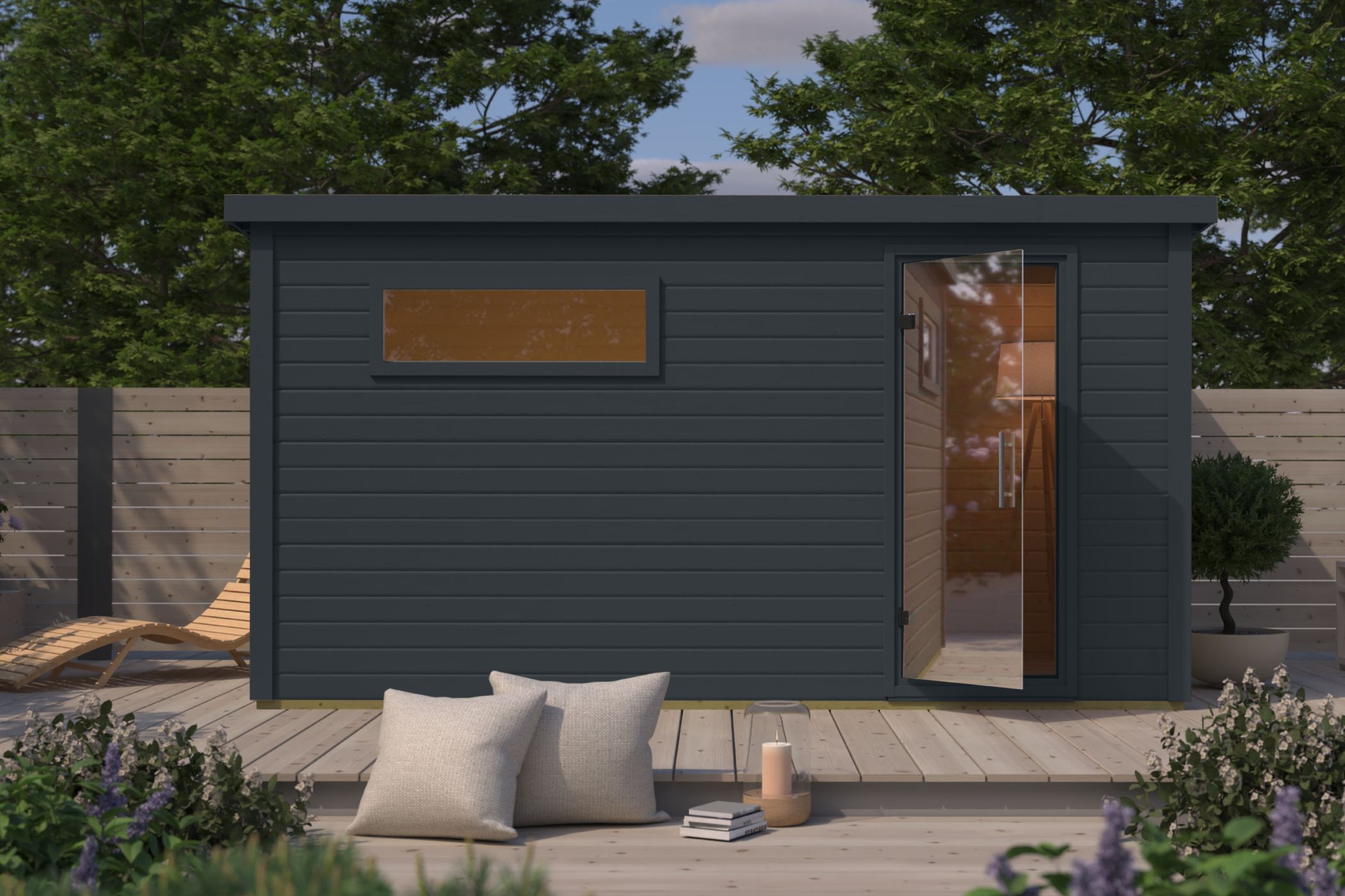 Karibu Saunahaus Hytti 6 als Gartensauna aus Massivholz im Garten mit Glasfront