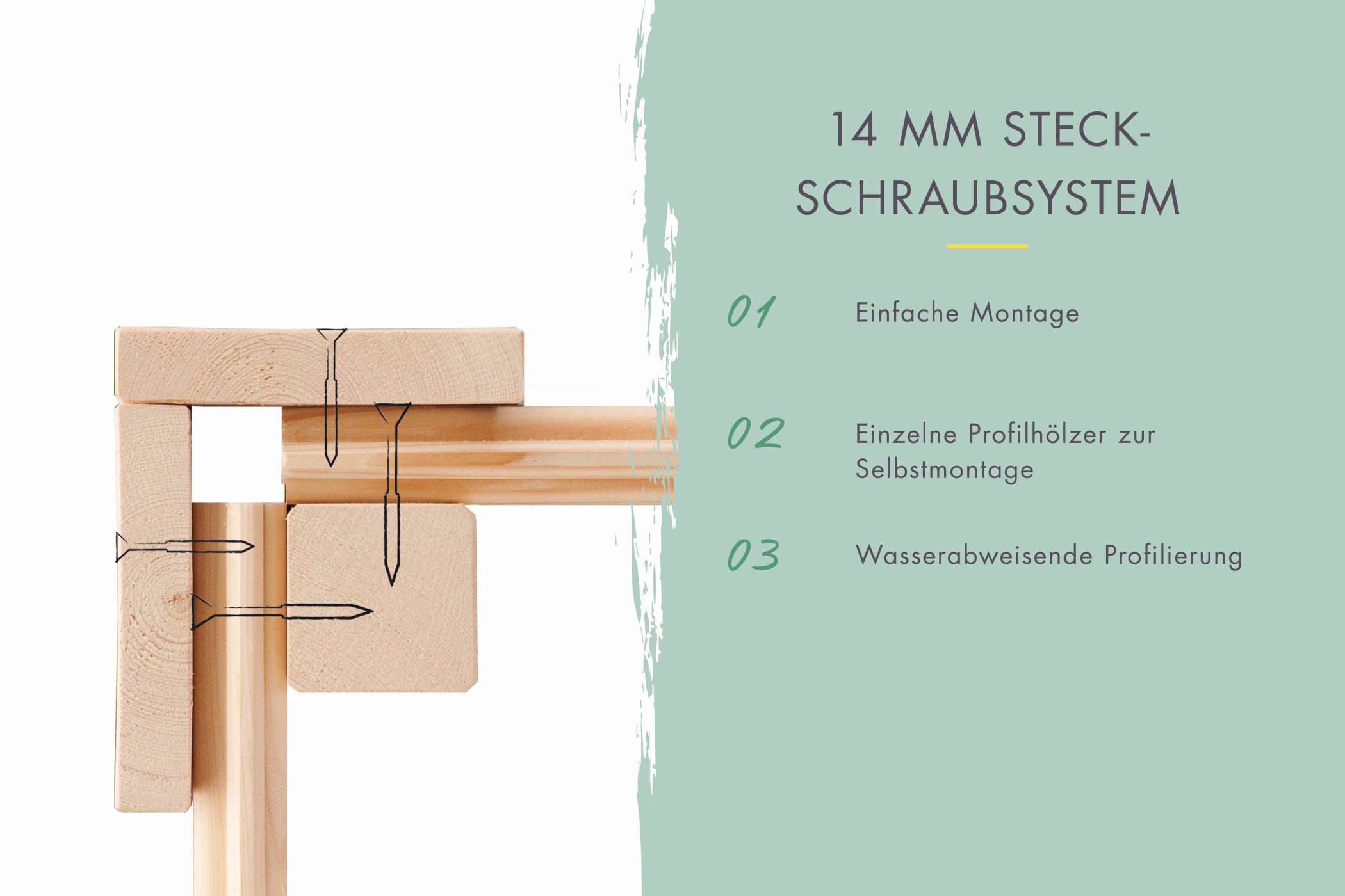 14-mm-Blockbohlenbauweise des Karibu Gerätehaus Merseburg 2 mit Nut-und-Feder-Verbindung
