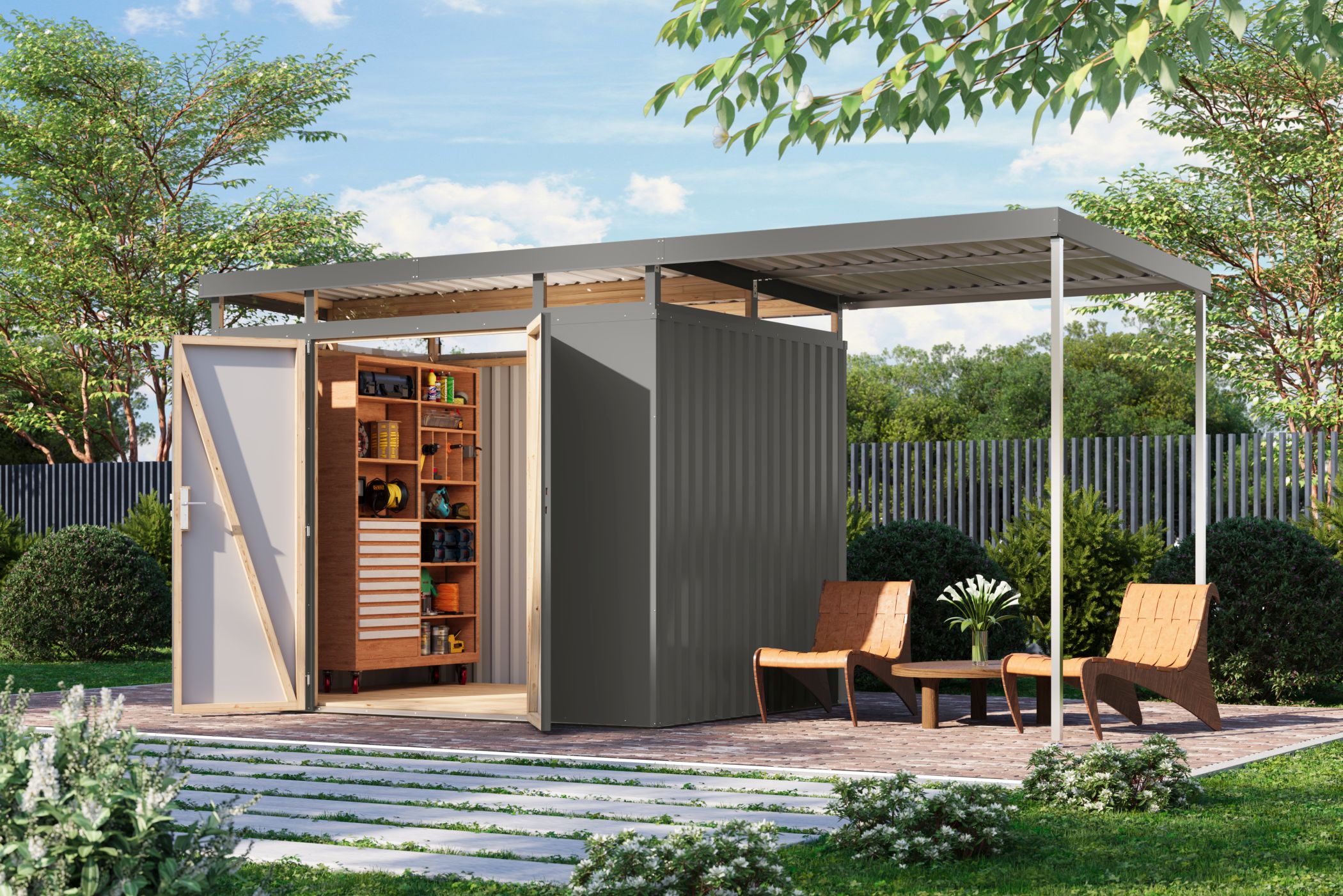 Karibu Gerätehaus aus Metall Aurum 3 in Graualuminium im Garten