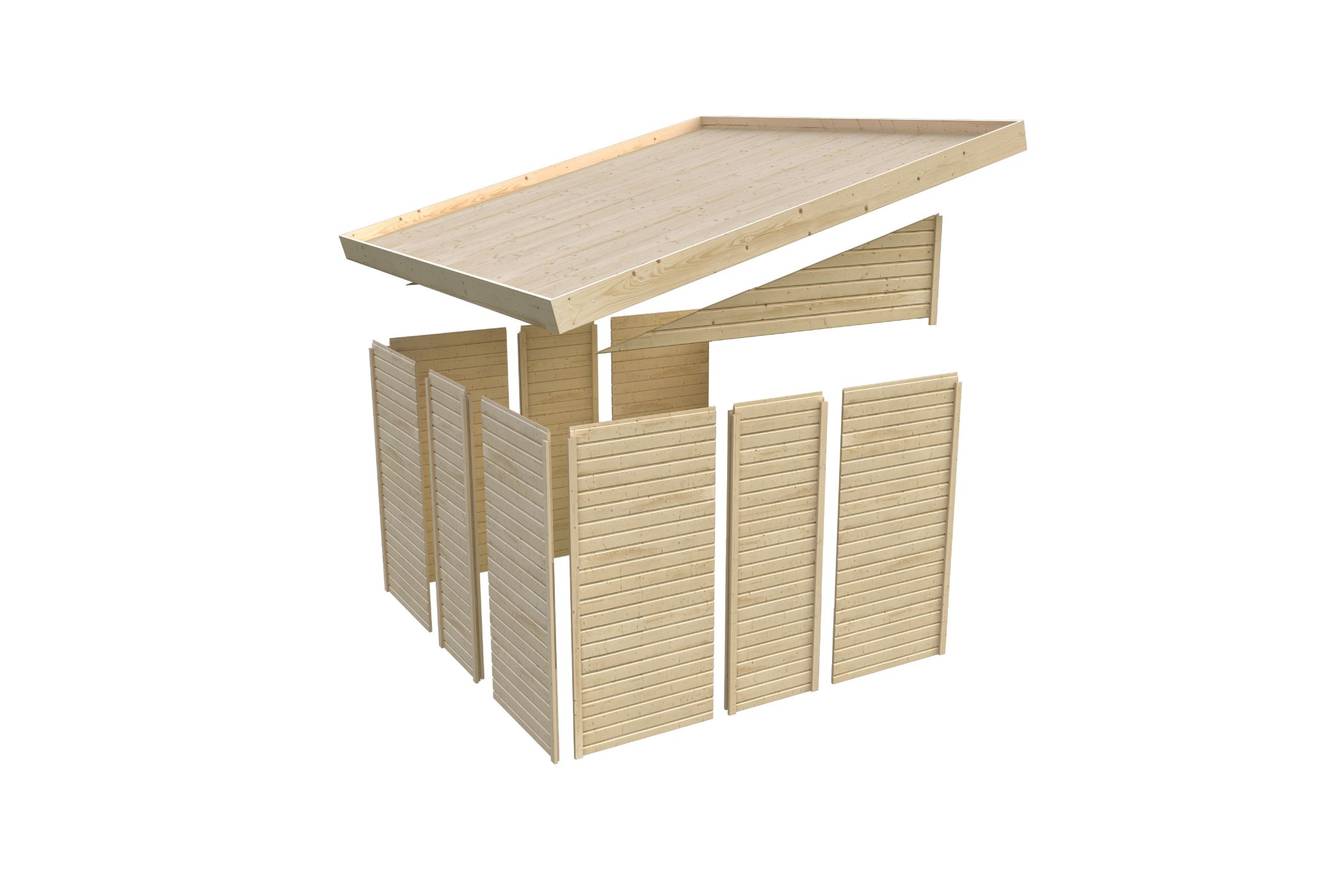 Aufbaudarstellung des Karibu Gerätehaus Wandlitz 4 mit Wandprofilen und Pultdach