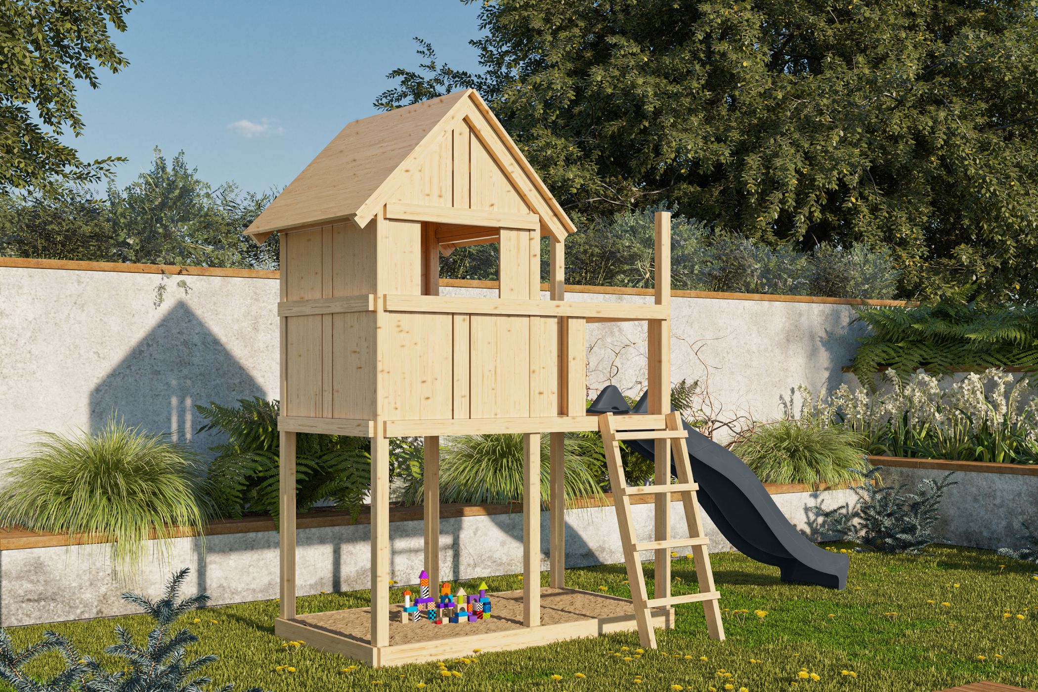 Karibu Spielgerät aus Holz mit Wellenrutsche, im Garten aufgebaut