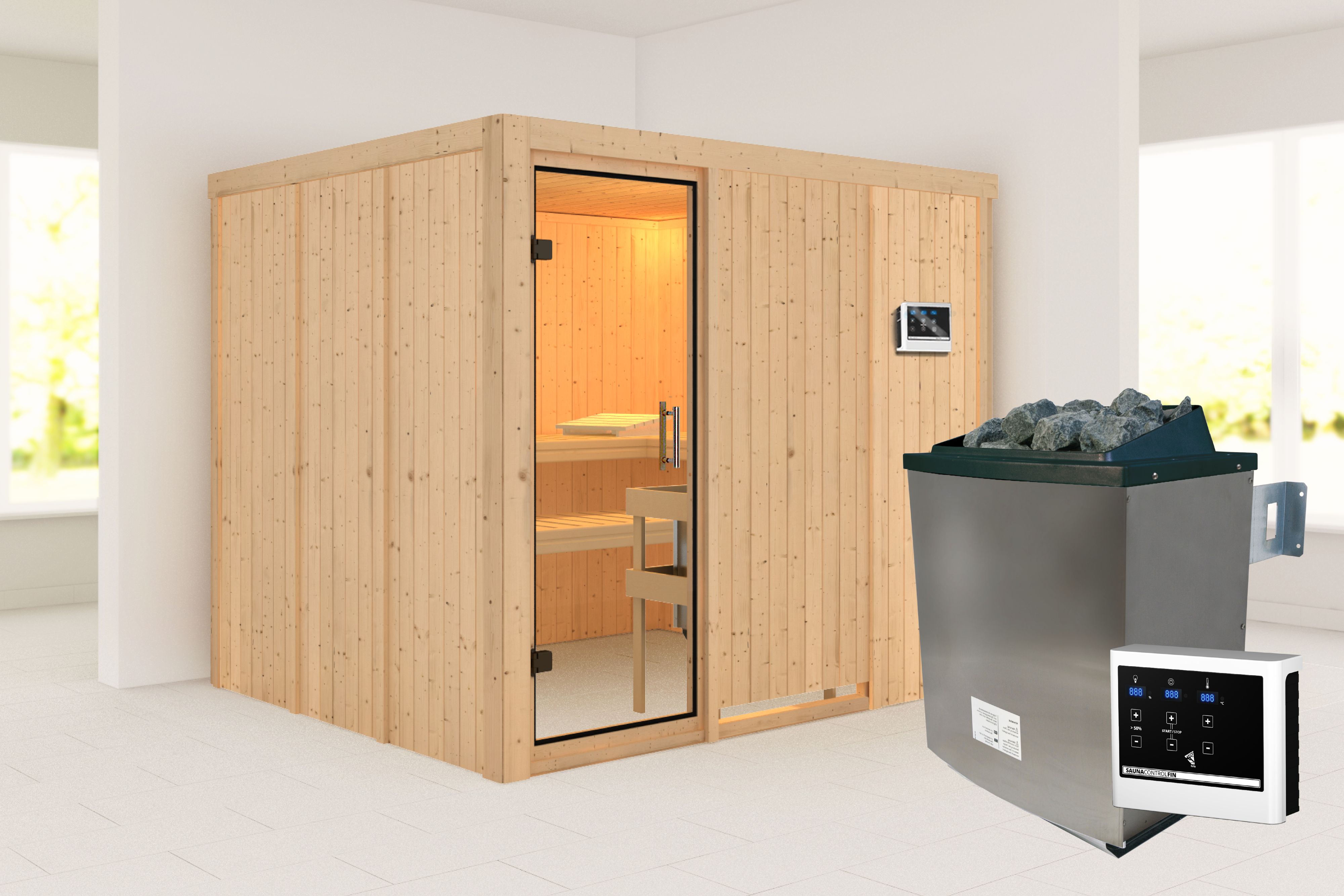 Außenansicht der Karibu Sauna Gobin aus nordischer Fichte mit Klarglas-Ganzglastür und Fronteinstieg