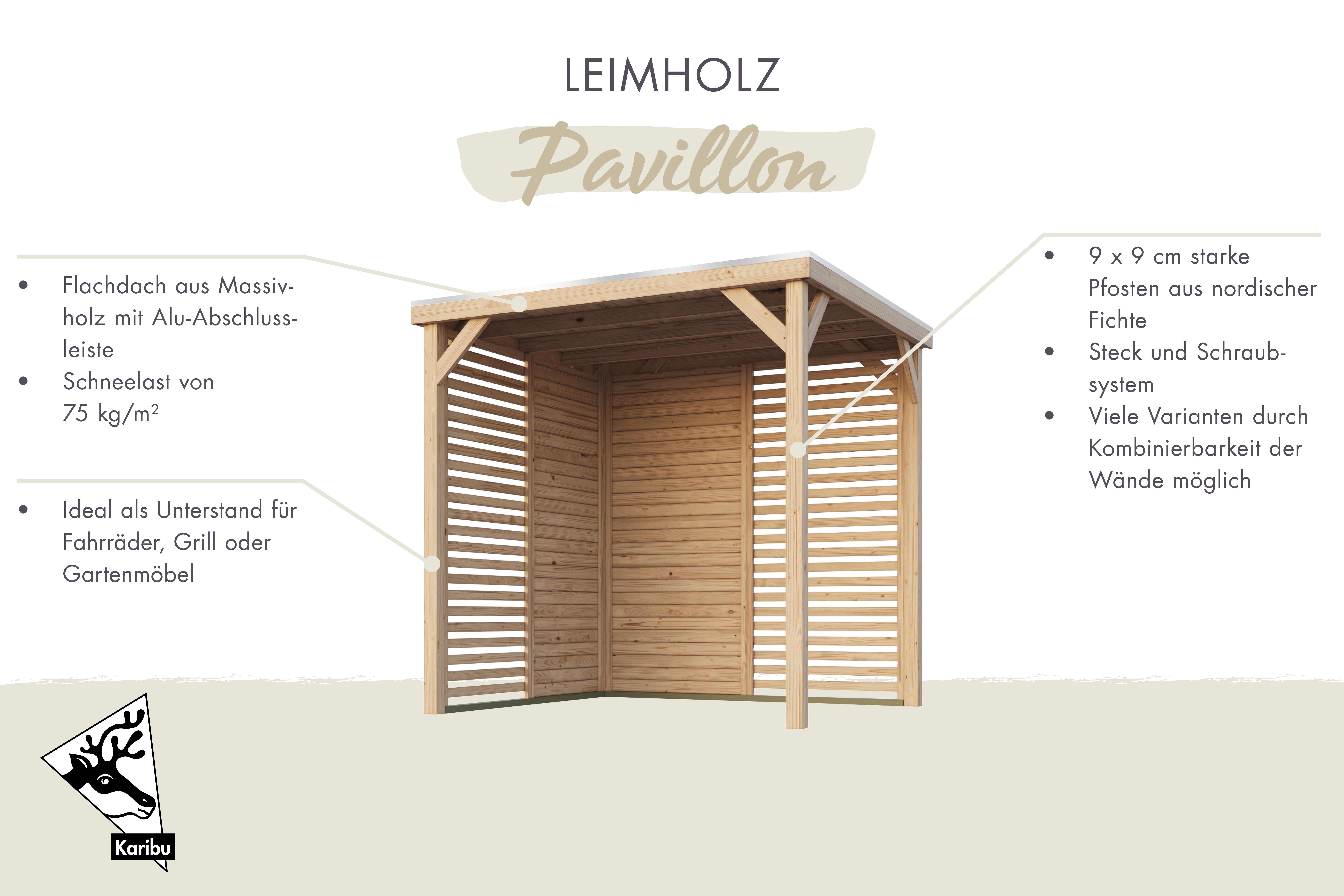 Karibu Grillpavillon aus Leimholz mit Flachdach im Garten als Ambiente-Ansicht