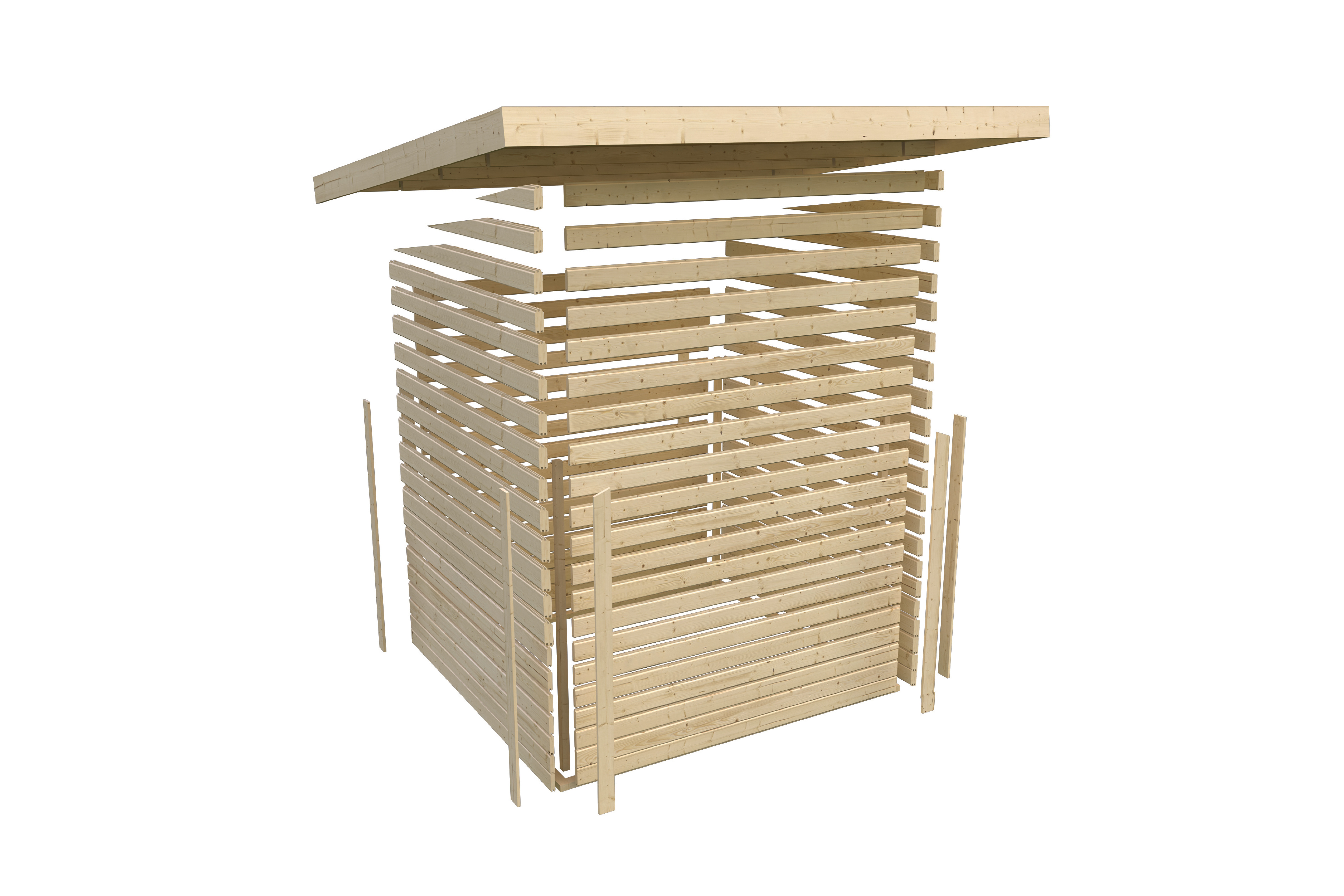 Detaildarstellung des 38 mm Steck-Schraubsystems der Karibu Gartensauna mit Profilhölzern