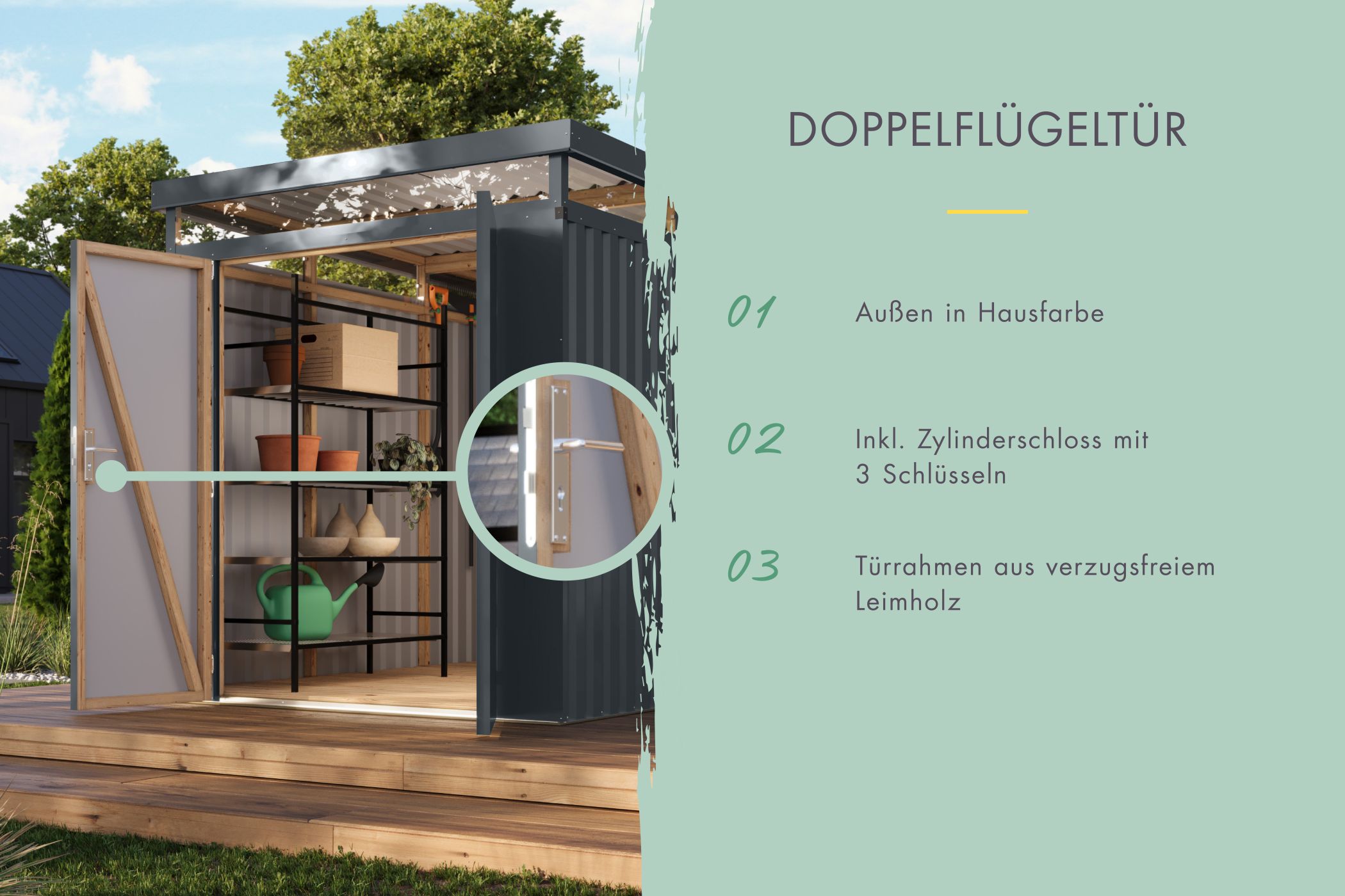 Doppelflügeltür des Karibu Gerätehaus aus Metall Aurum 2 mit Zylinderschloss und Kunstglas