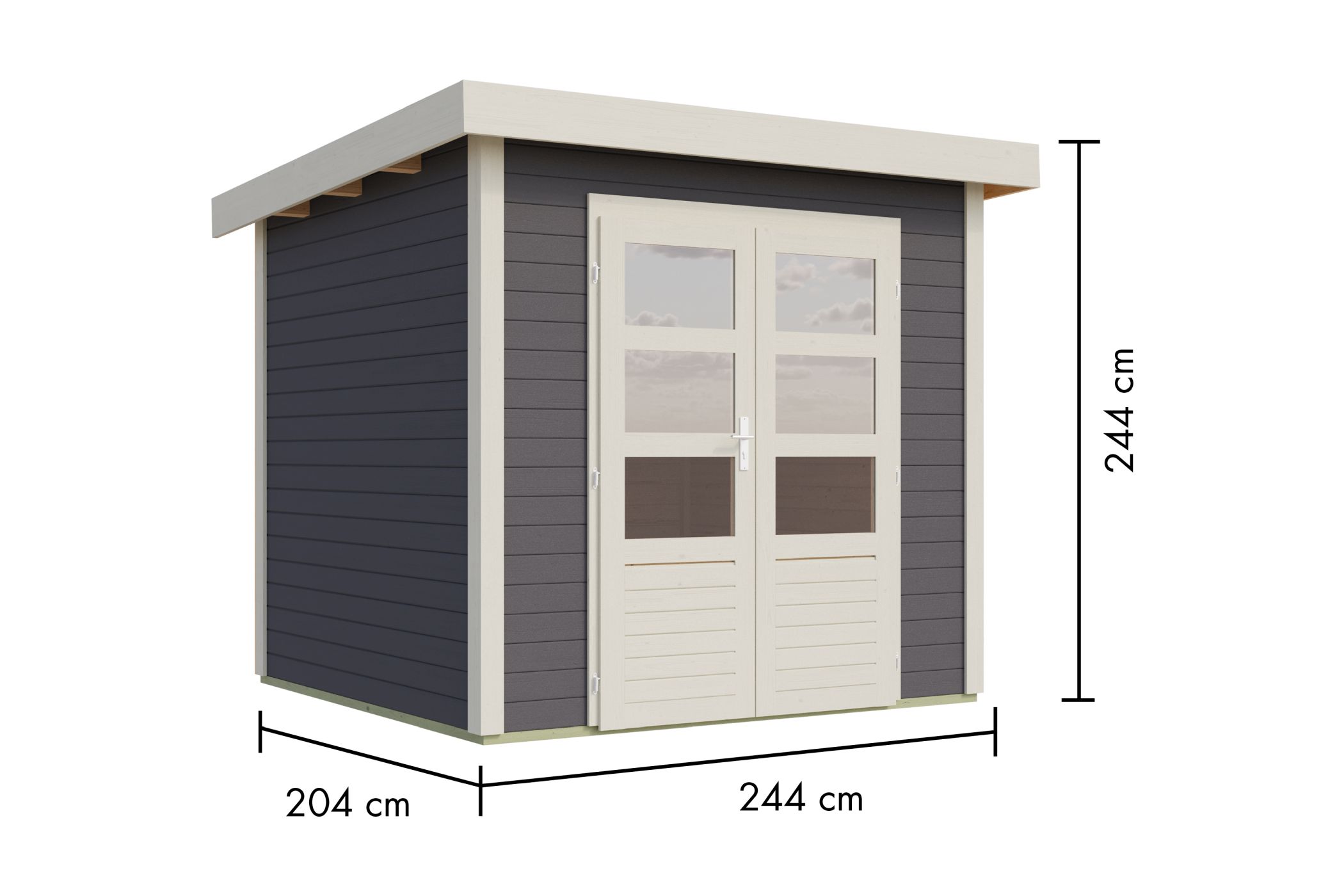 Bemaßte Maßzeichnung des Karibu Gartenhaus Kolbin 2 XXL (Extra hohe Tür) mit Bemaßung