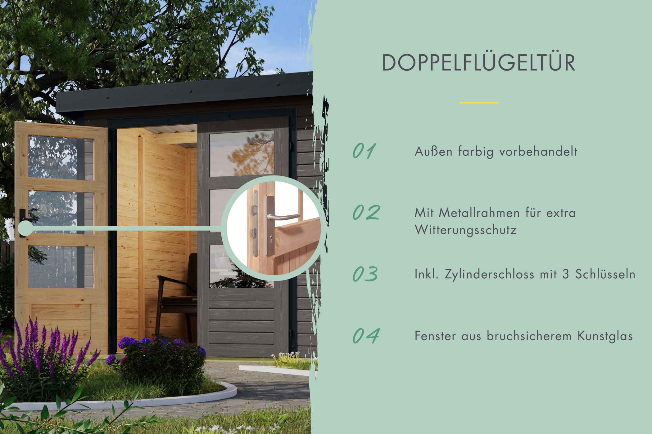 Doppelflügeltür des Karibu Gartenhaus Holz & Metall Jupiter 5 mit Zylinderschloss und Kunstglas
