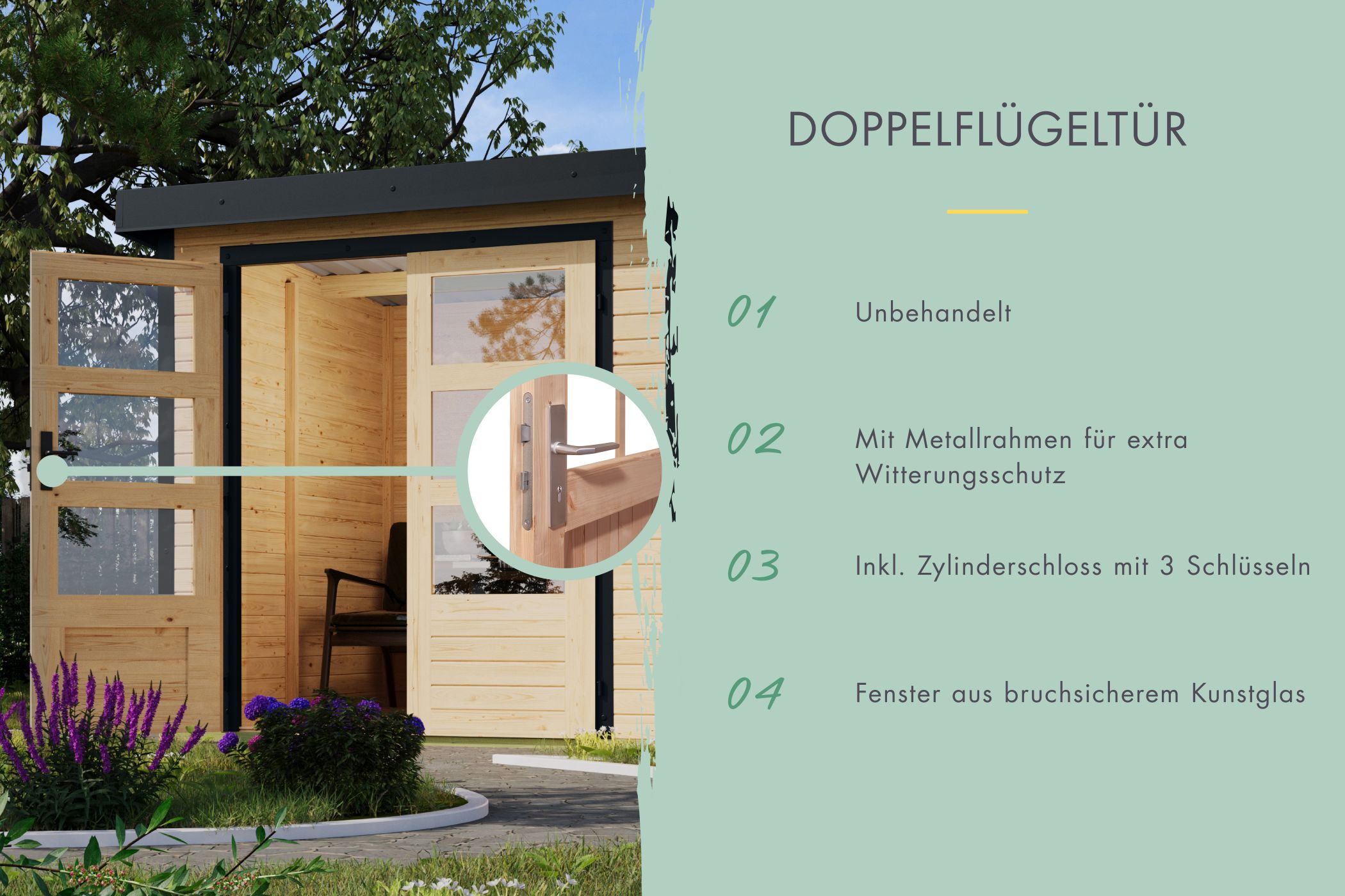 Doppelflügeltür des Karibu Gartenhaus Holz & Metall Pluto 7 mit Zylinderschloss und Kunstglas