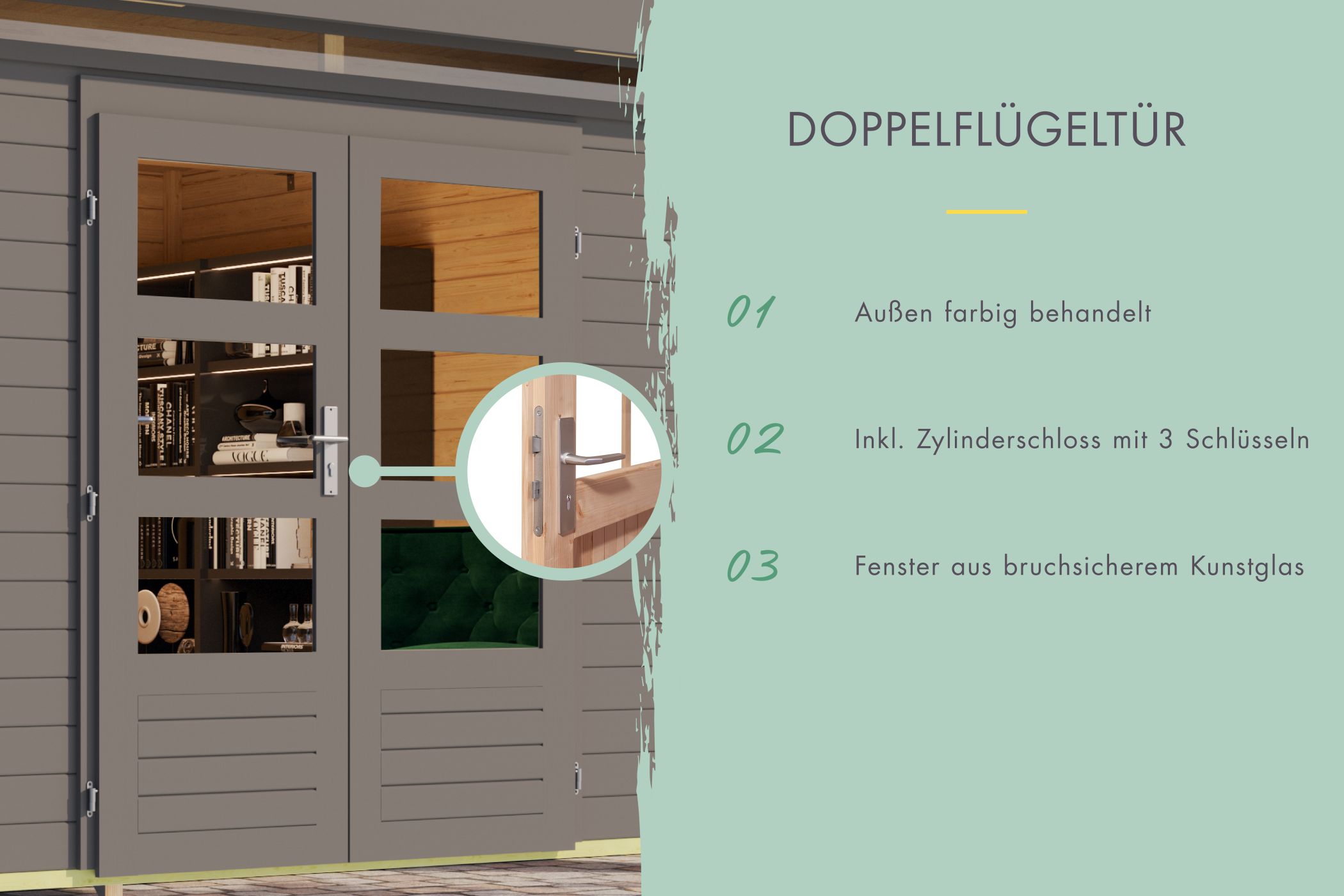 Doppelflügeltür des Karibu Gerätehaus Lahar 3,5 mit Zylinderschloss und Kunstglas