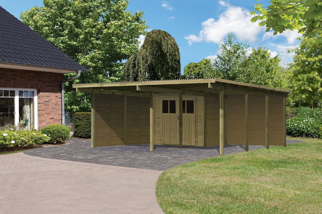 Karibu Doppelcarport BASIC 2 mit Abstellraum und Seitenwänden aus KDI-Massivholz im Garten