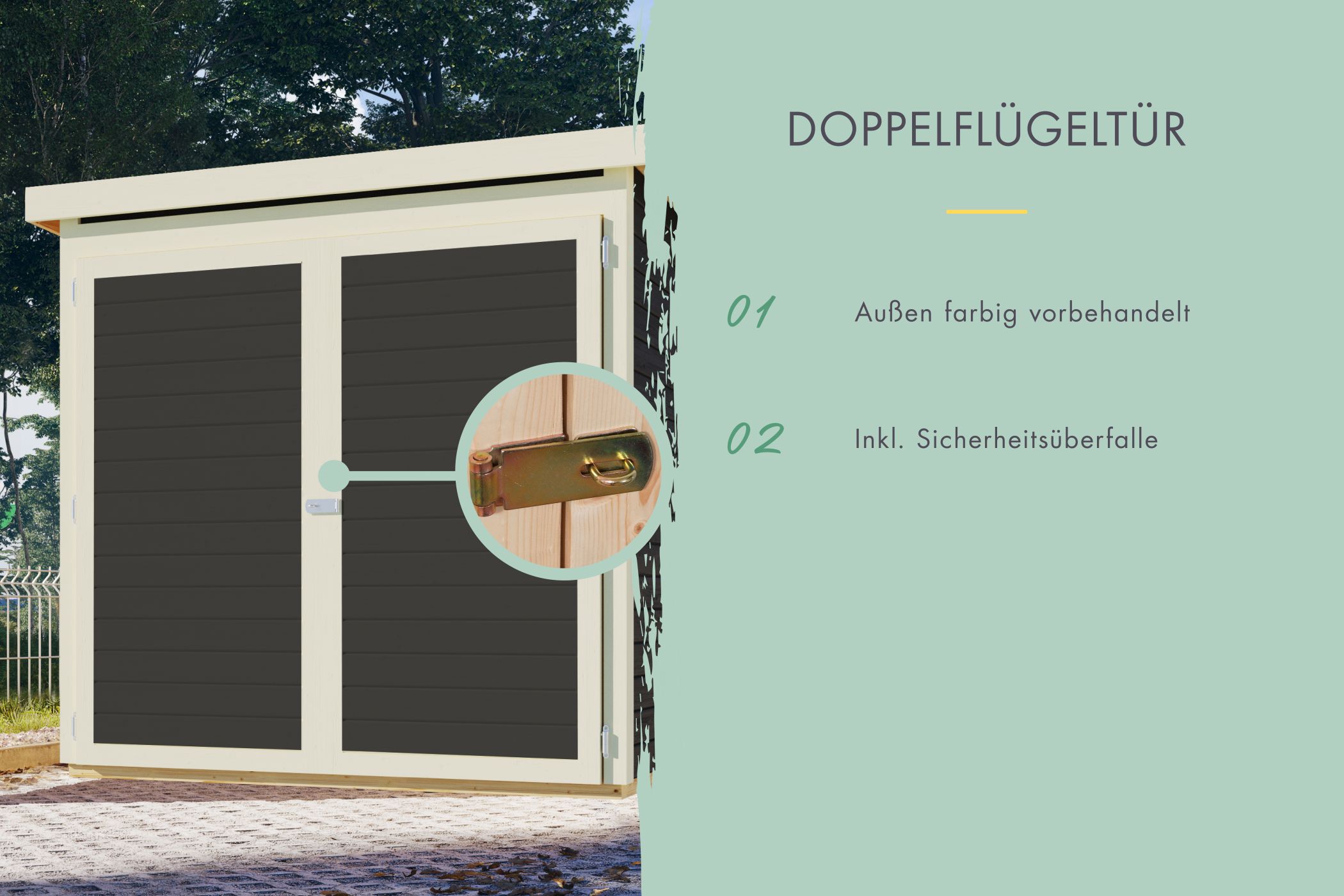 Doppelflügeltür des Karibu Fahrradschuppen Fahrradgarage 4 mit Zylinderschloss und Kunstglas