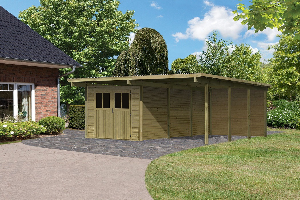 Außenansicht des Karibu Doppelcarport BASIC 2 aus KDI-Massivholz mit Flachdach im Garten aufgebaut