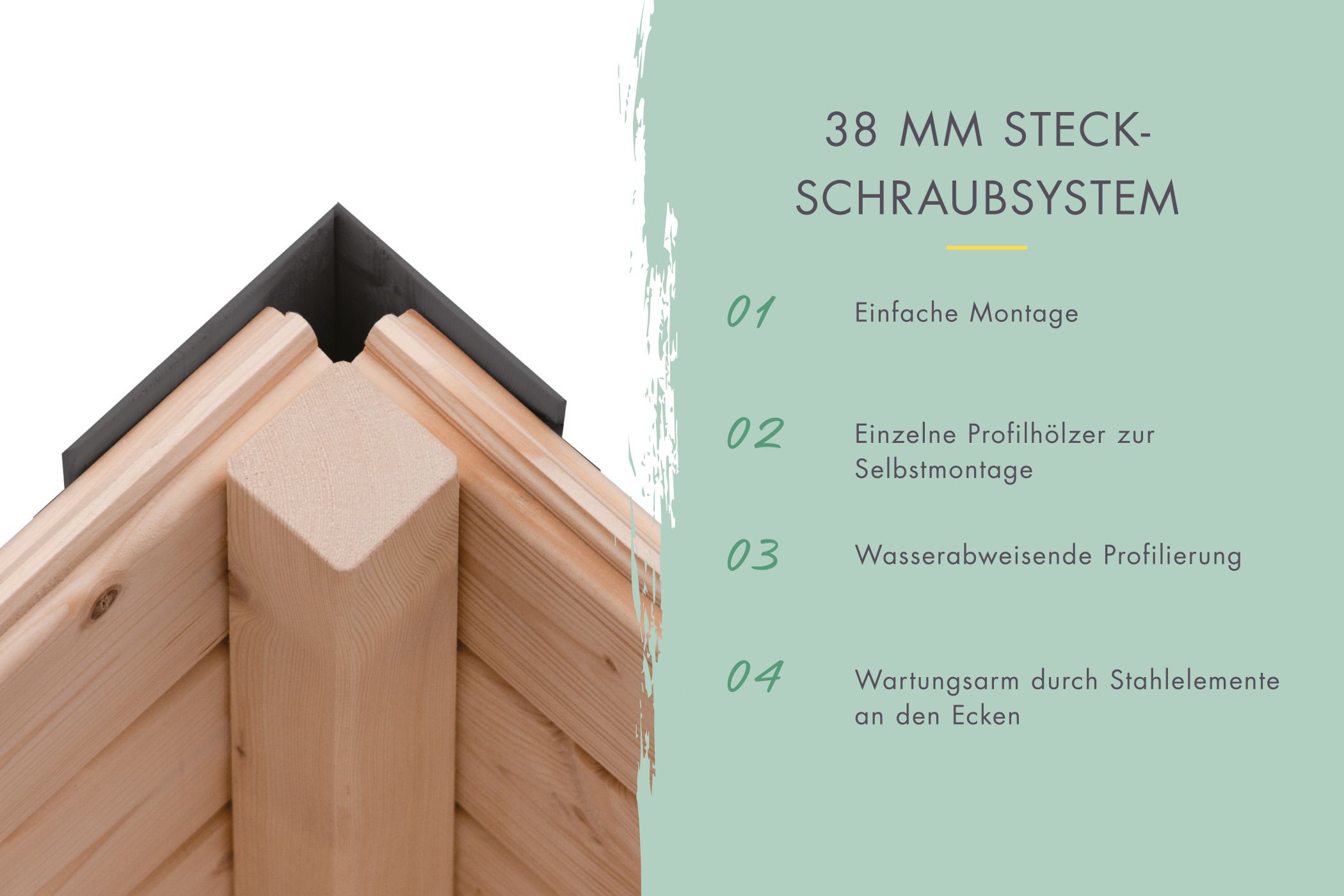 38-mm-Steck-Schraubsystem des Karibu Gartenhaus Holz & Metall Saturn mit Stahlecken