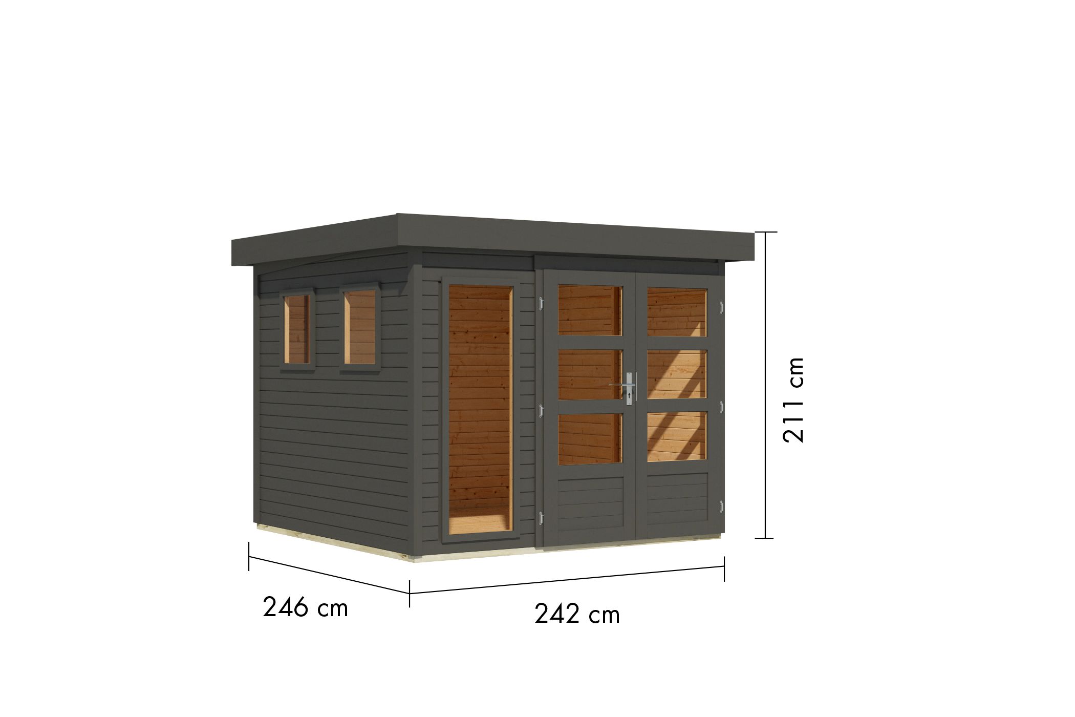 Bemaßte Maßzeichnung des Karibu Gerätehaus Lahar 3,5, 242 × 246 cm