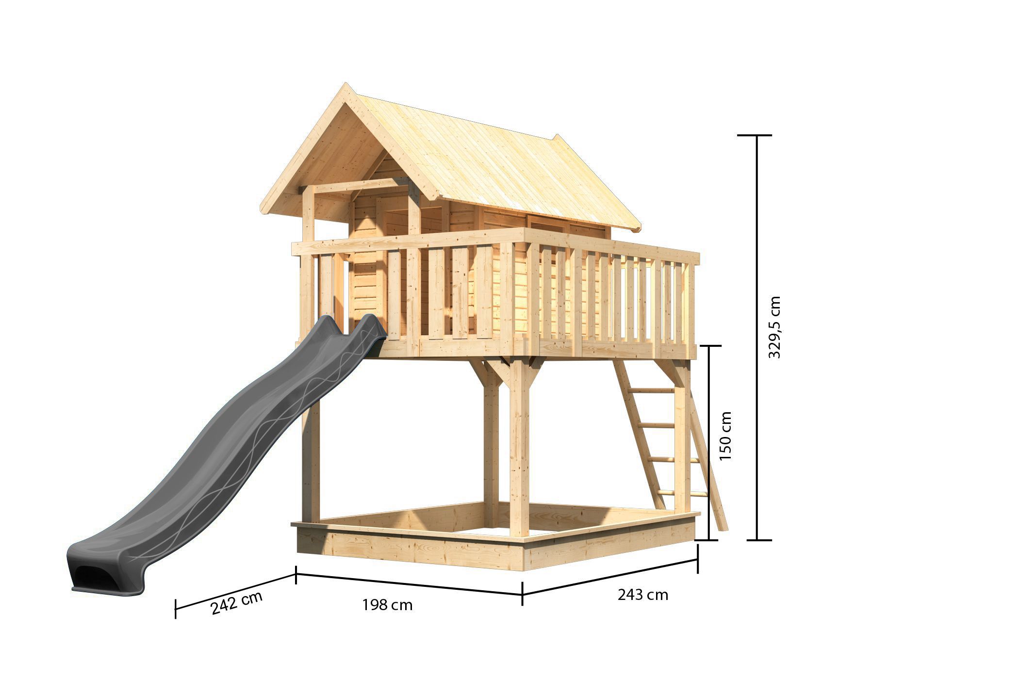 Maßzeichnung eines Karibu Spielgeräts aus Holz mit Bemaßung von Grundfläche und Höhe