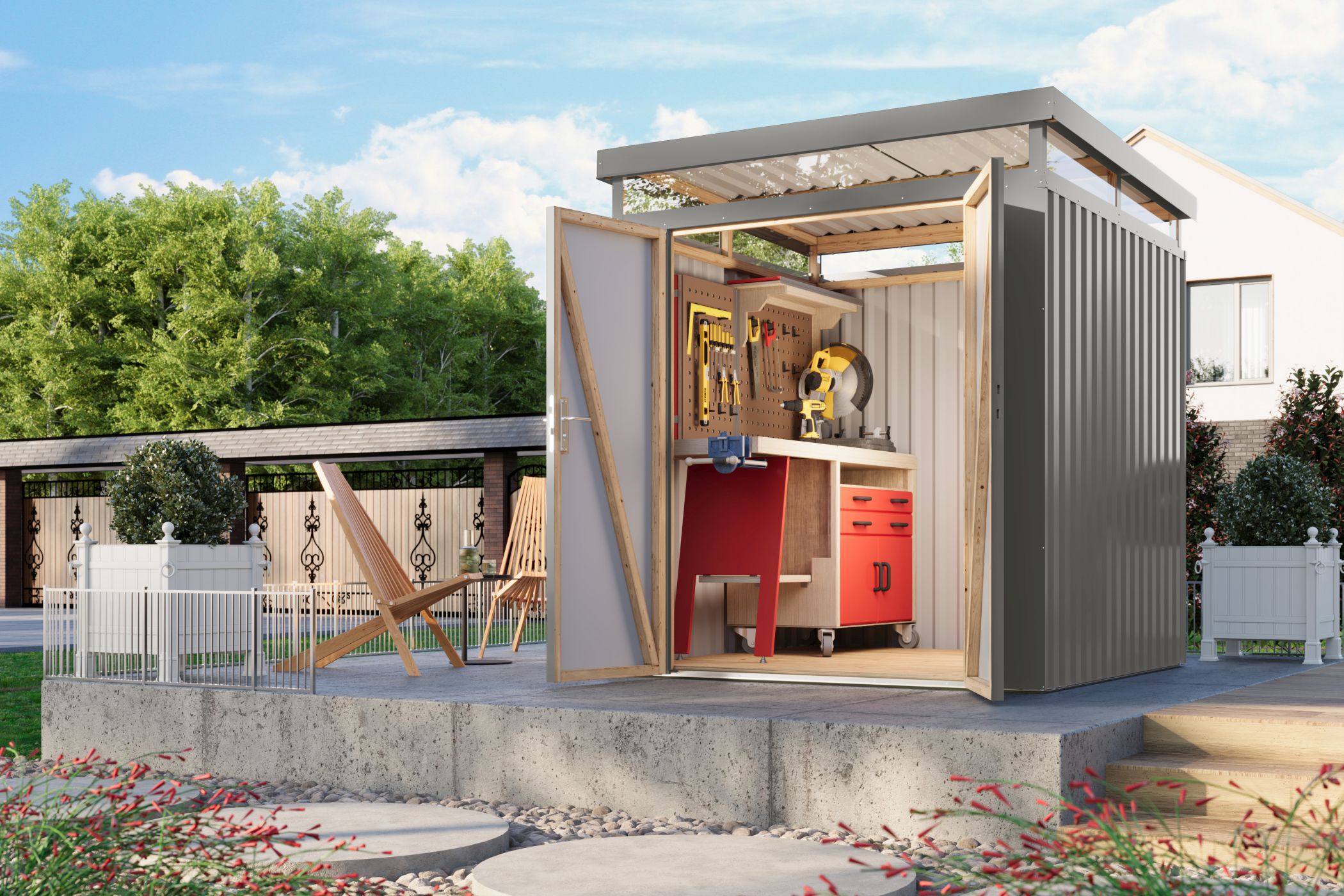 Karibu Gerätehaus aus Metall Aurum 2 in Graualuminium im Garten