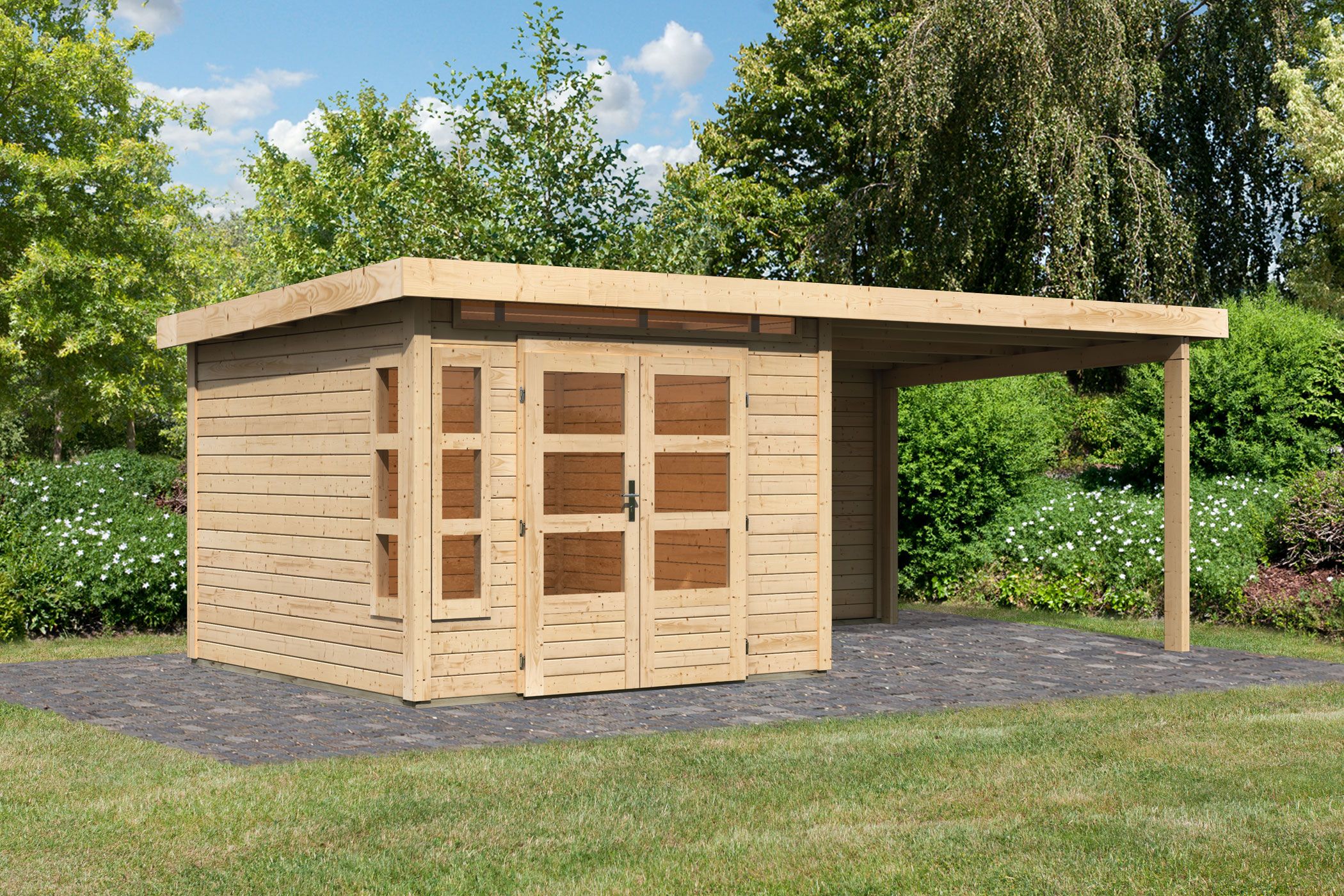 Karibu Gartenhaus Kastorf 6 in Naturbelassen und Anbaudach, Außenansicht