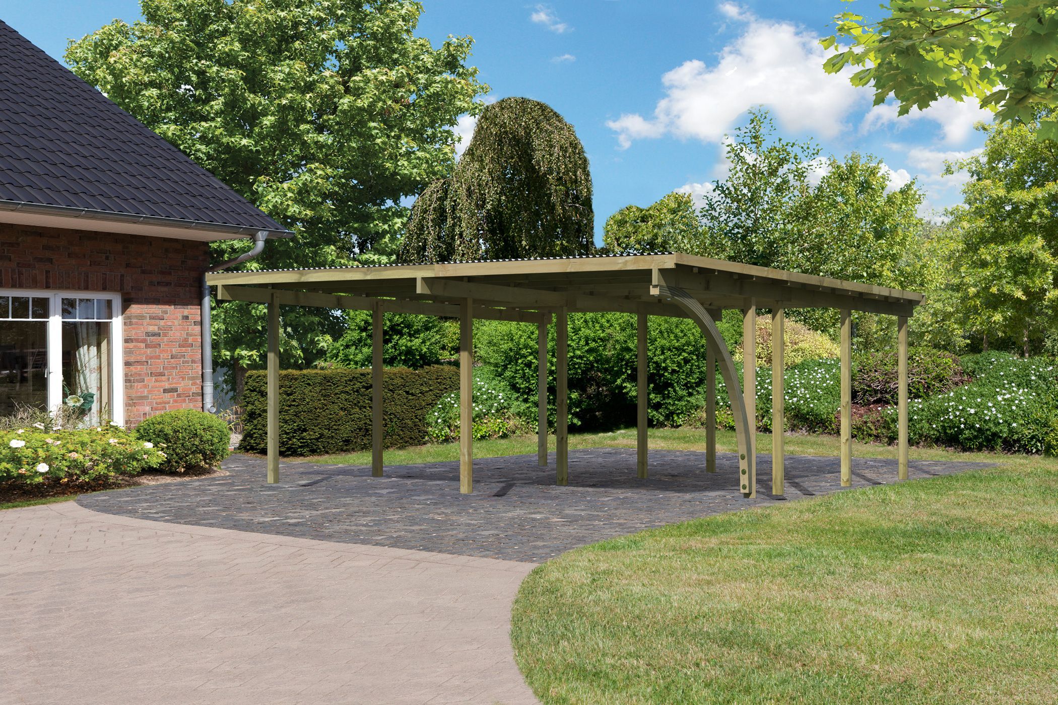 Karibu Doppelcarport BASIC 2 mit Einfahrtsbogen aus kesseldruckimprägniertem Massivholz im Garten