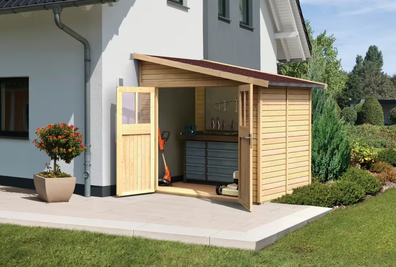 Detailansicht eines Karibu Gartenhauses aus Holz