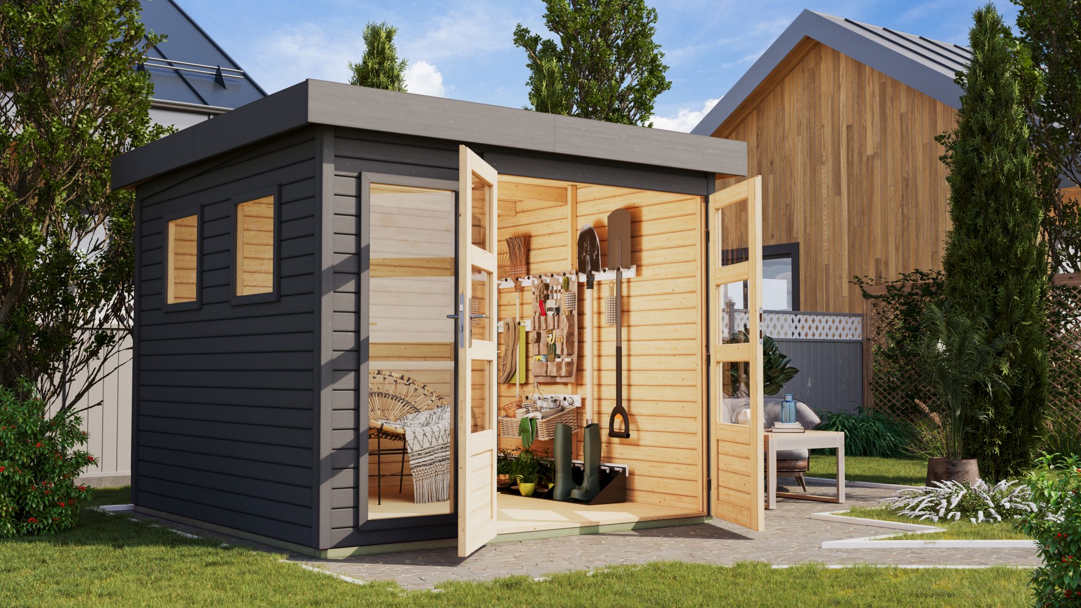 Karibu Gerätehaus Lahar 3,5 in Terragrau komplett im Garten