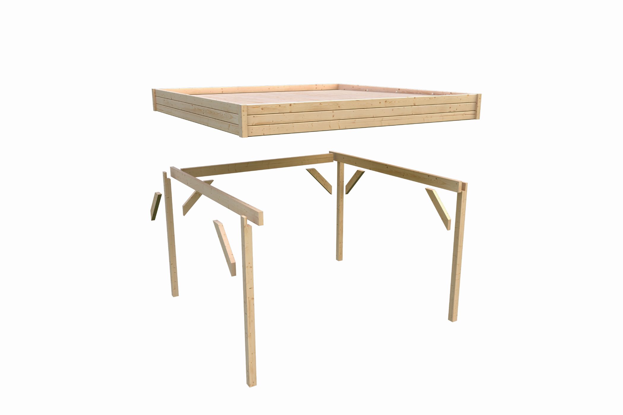 Aufbaudarstellung des Karibu Cubeco Pavillon mit Pfosten, Querverbindern und Flachdach im Überblick