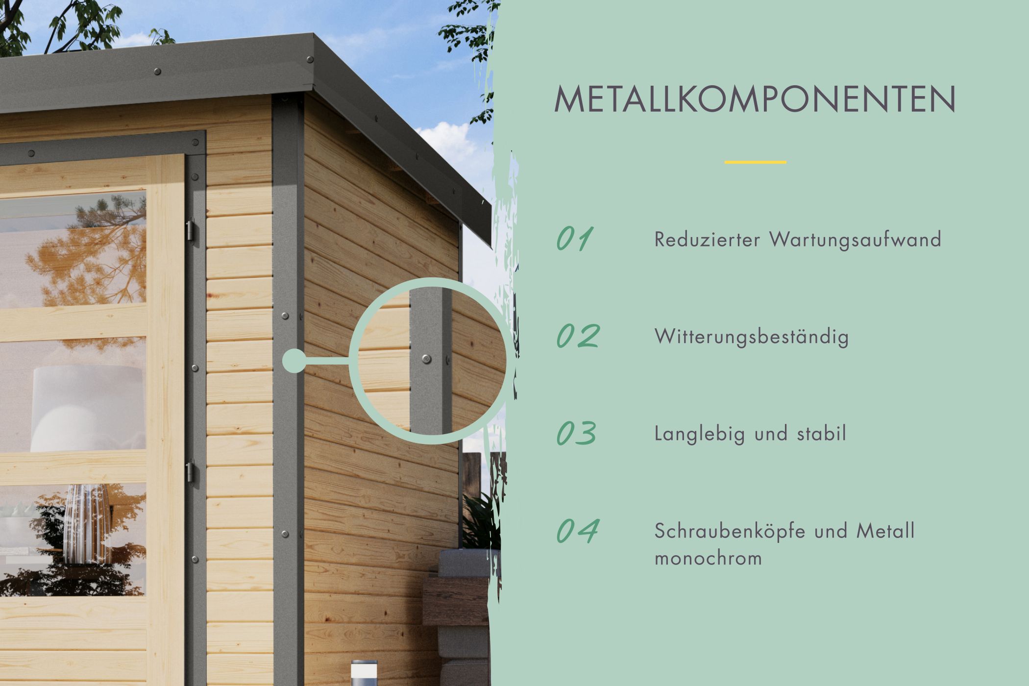 Metallkomponenten des Karibu Gartenhaus Holz & Metall Jupiter 2 für wartungsarme Ecken und Dachleisten