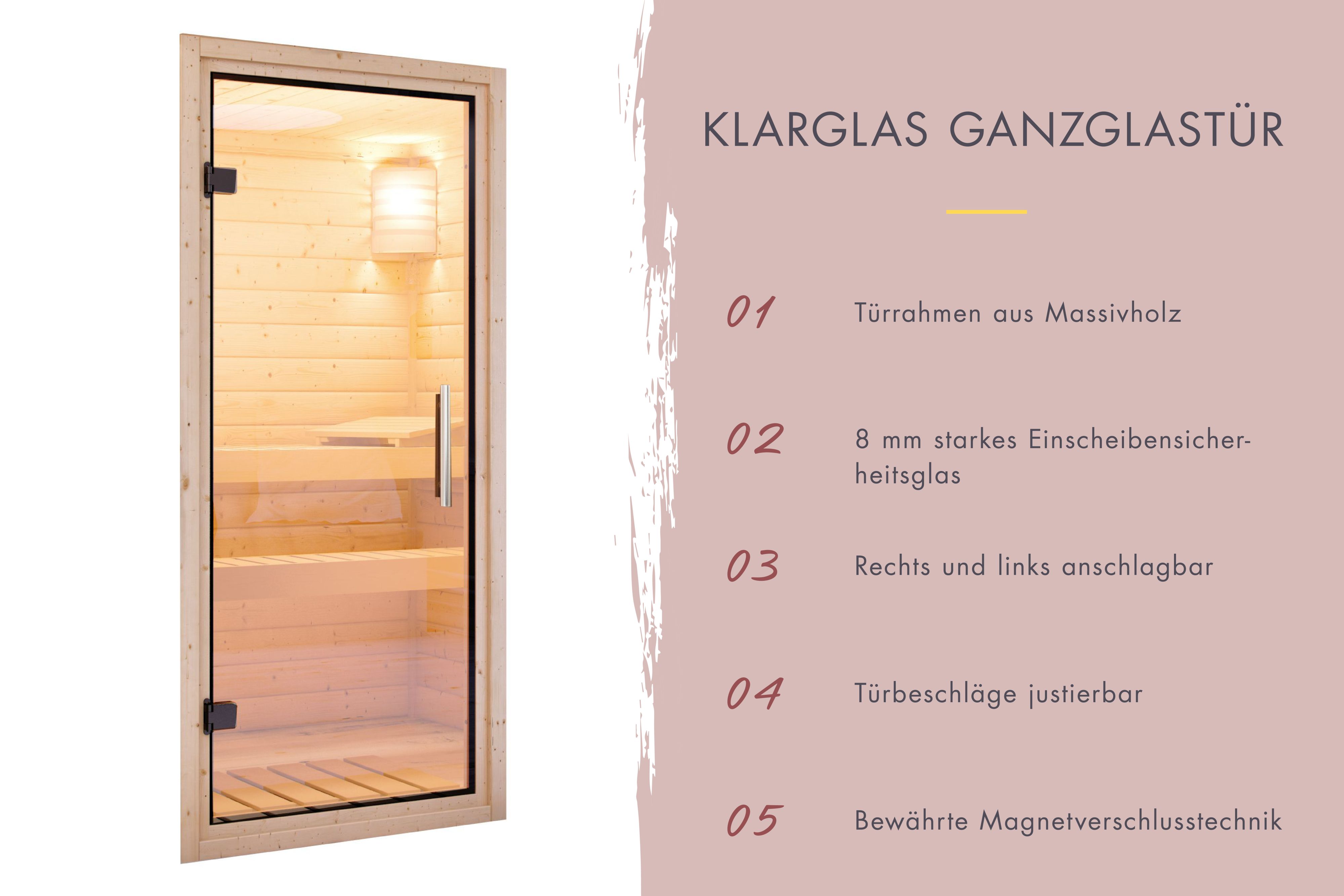 Hochwertige Saunatür aus 8 mm Sicherheitsglas mit Massivholzrahmen für Karibu Saunen