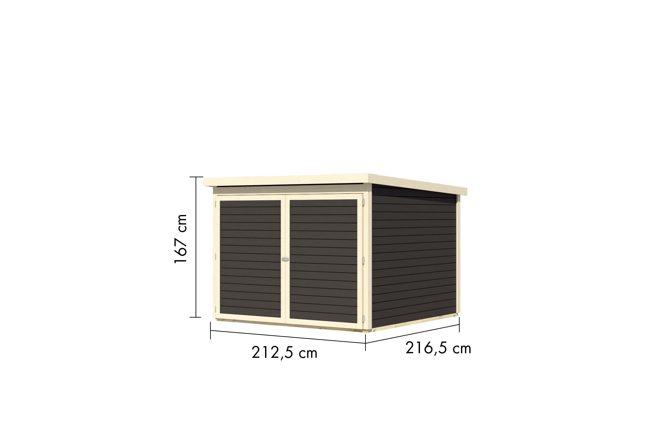 Bemaßte Maßzeichnung des Karibu Fahrradschuppen Fahrradgarage 4, 212 × 216 cm