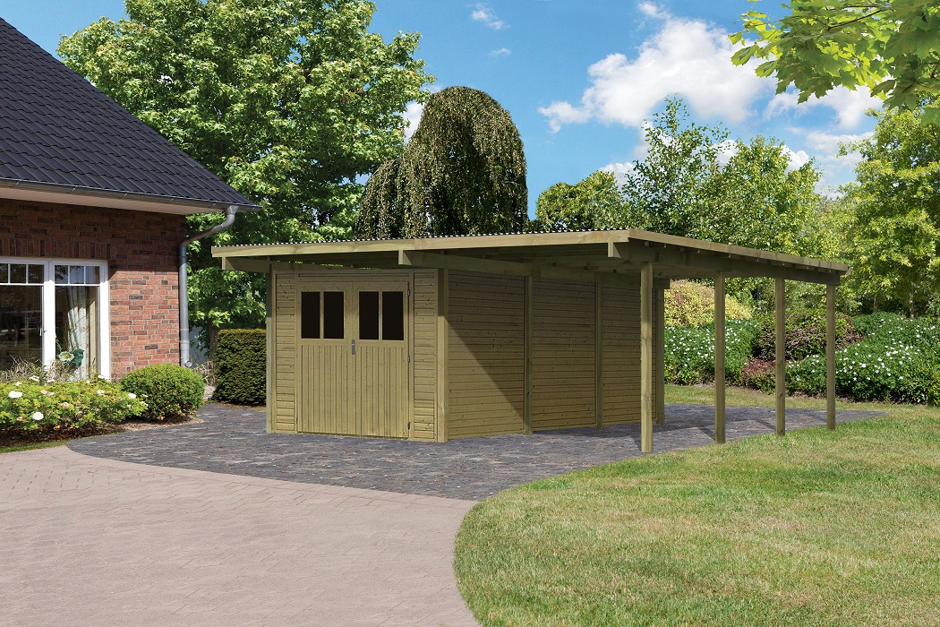 Karibu Doppelcarport BASIC 2 mit integriertem Abstellraum aus KDI-Massivholz im Garten aufgebaut