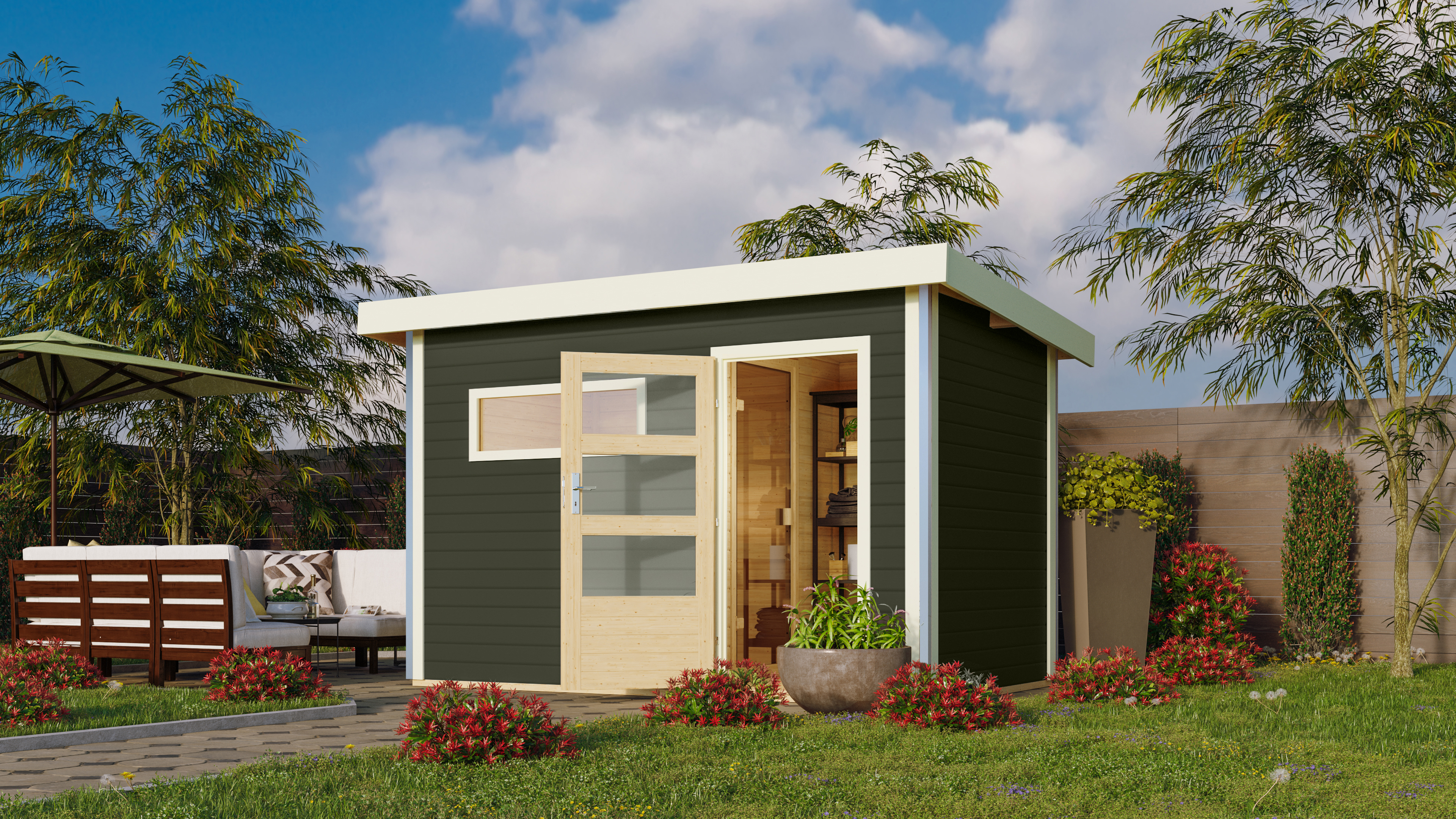 Karibu Saunahaus Skrollan 1 mit Vorraum als Gartensauna aus Massivholz im Garten mit Glasfront