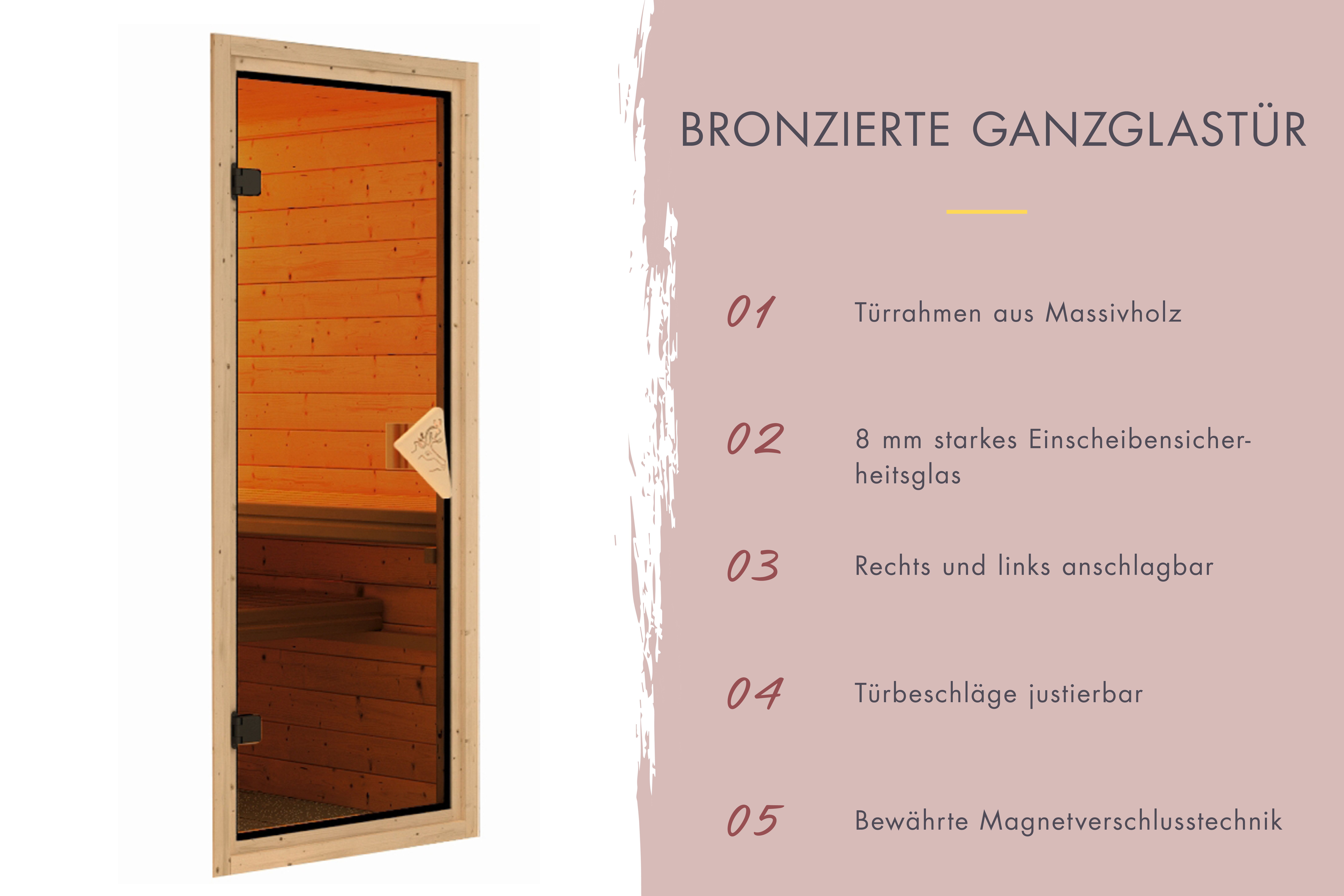 Bronzierte Ganzglastür aus 8 mm Sicherheitsglas mit Karibu-Griff und Rahmen aus Massivholz