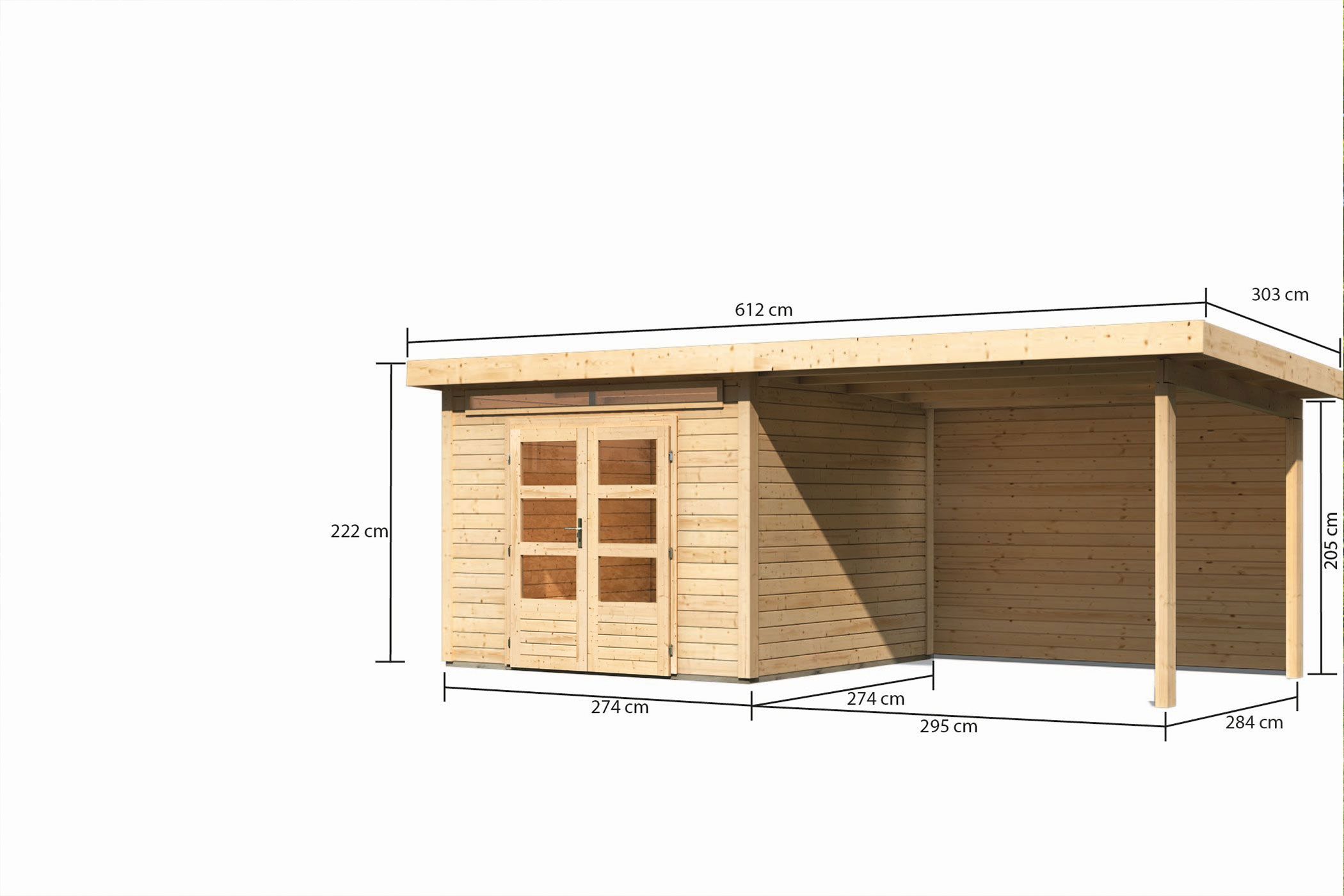 Bemaßte Maßzeichnung des Karibu Gartenhaus Kandern 6 mit Anbaudach, 612 × 303 cm