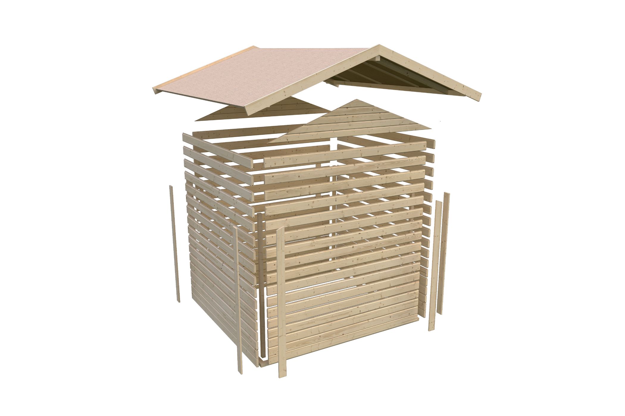 Aufbaudarstellung der Karibu kleines Gerätehaus Dahme 3 mit allen Bauteilen