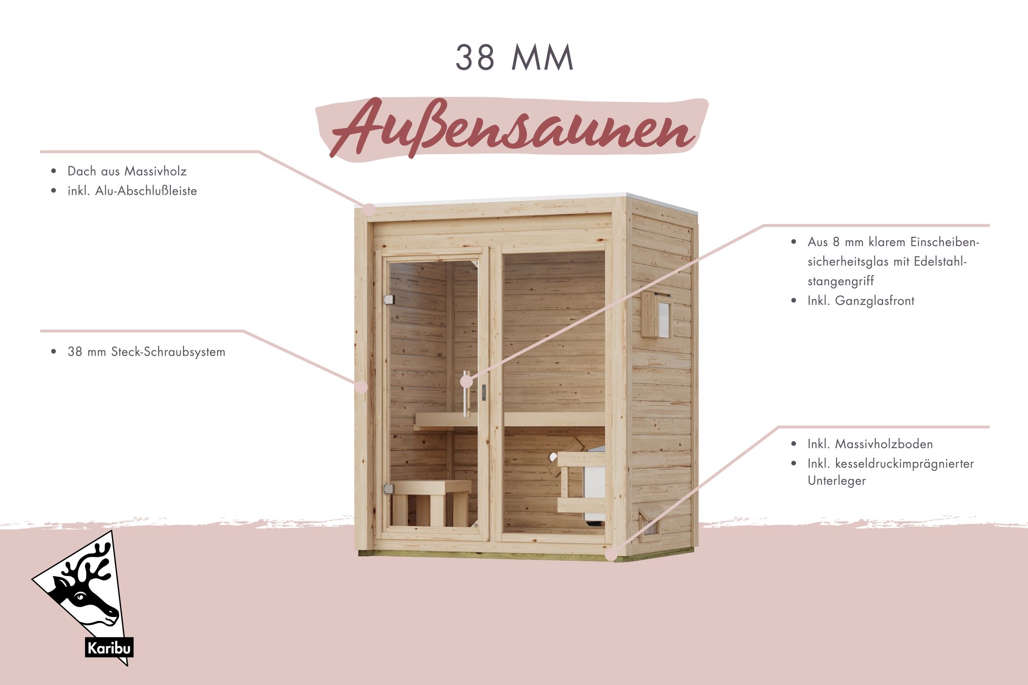 Karibu Saunahaus Hycore 1 als Gartensauna aus Massivholz im Garten mit Glasfront