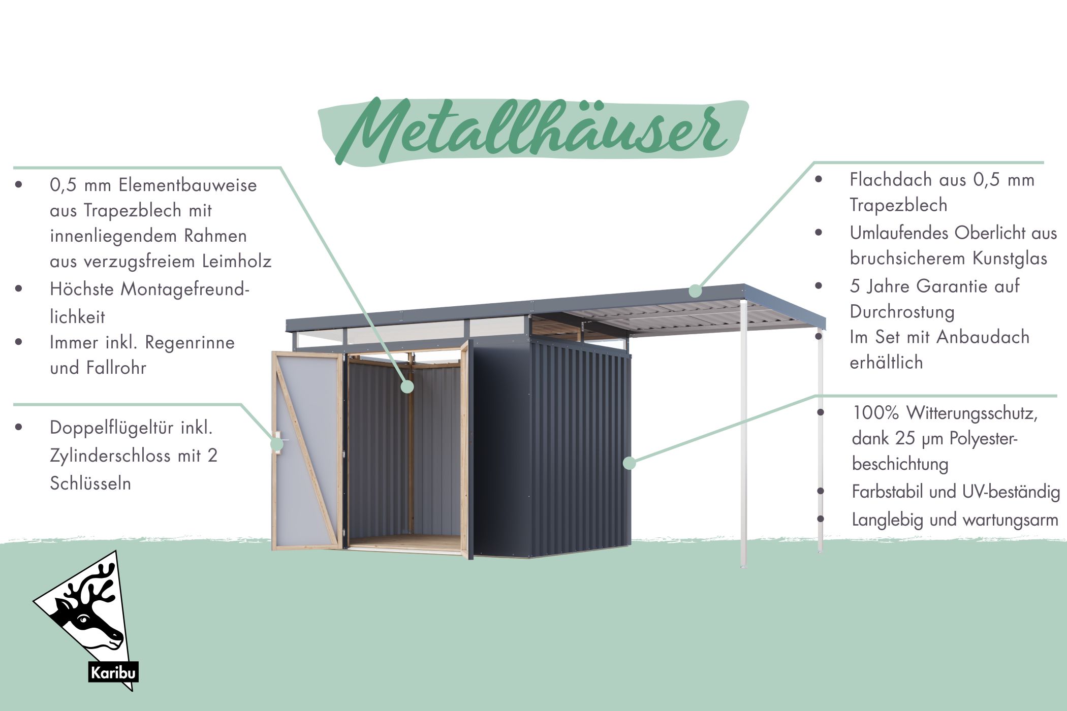 Karibu Gerätehaus aus Metall Aurum 2 in Graualuminium, Außenansicht