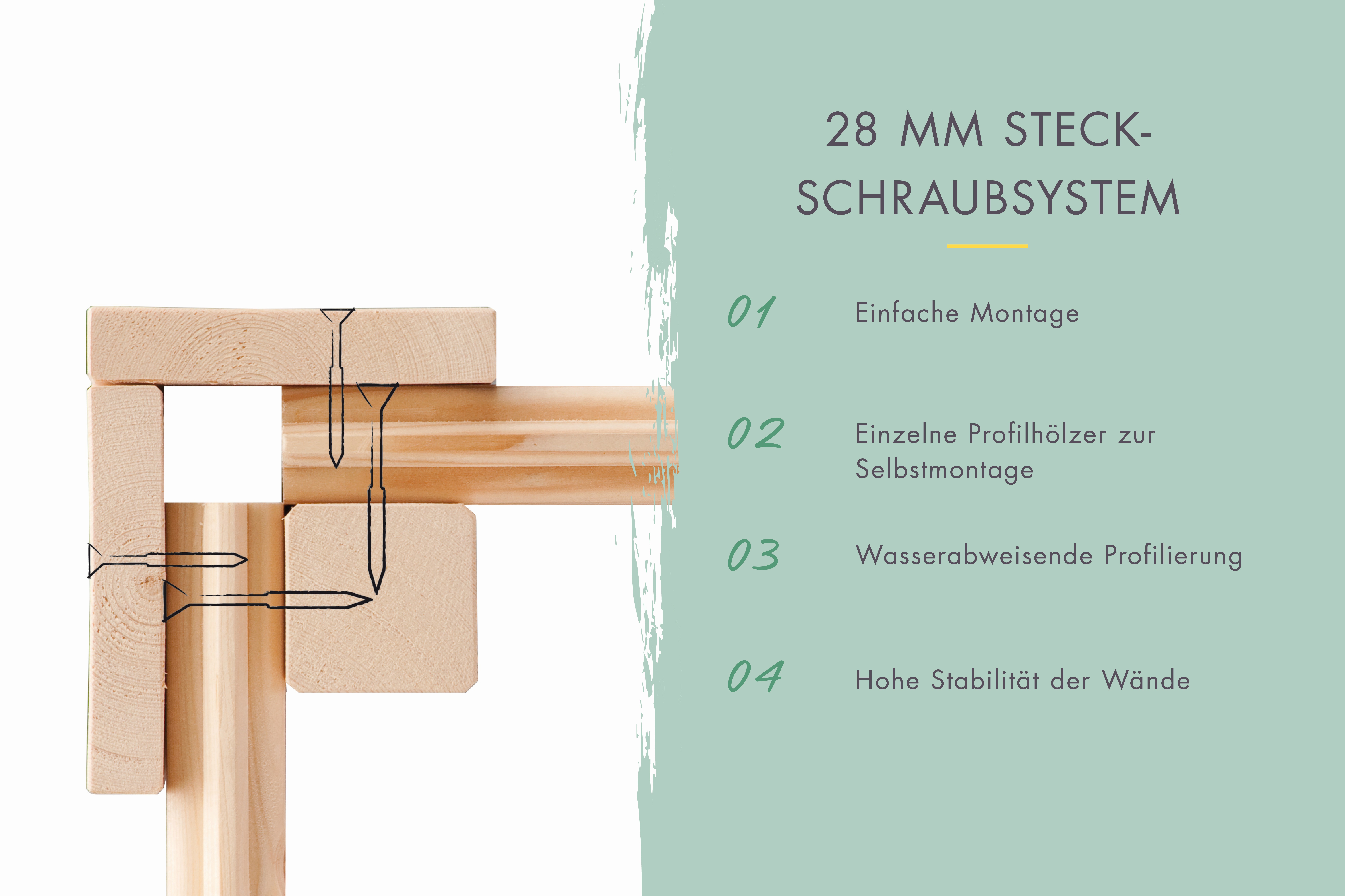 28-mm-Blockbohlenbauweise mit Nut-und-Feder-Verbindung