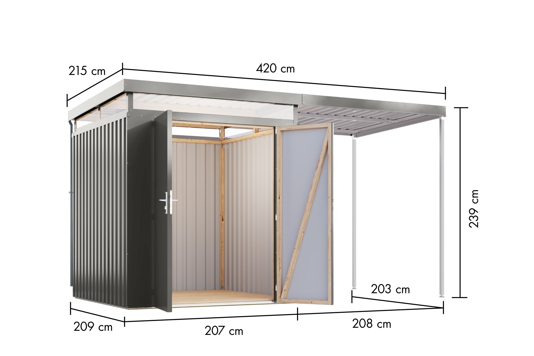 Bemaßte Maßzeichnung des Karibu Gerätehaus aus Metall Aurum 2, 414 × 209 cm