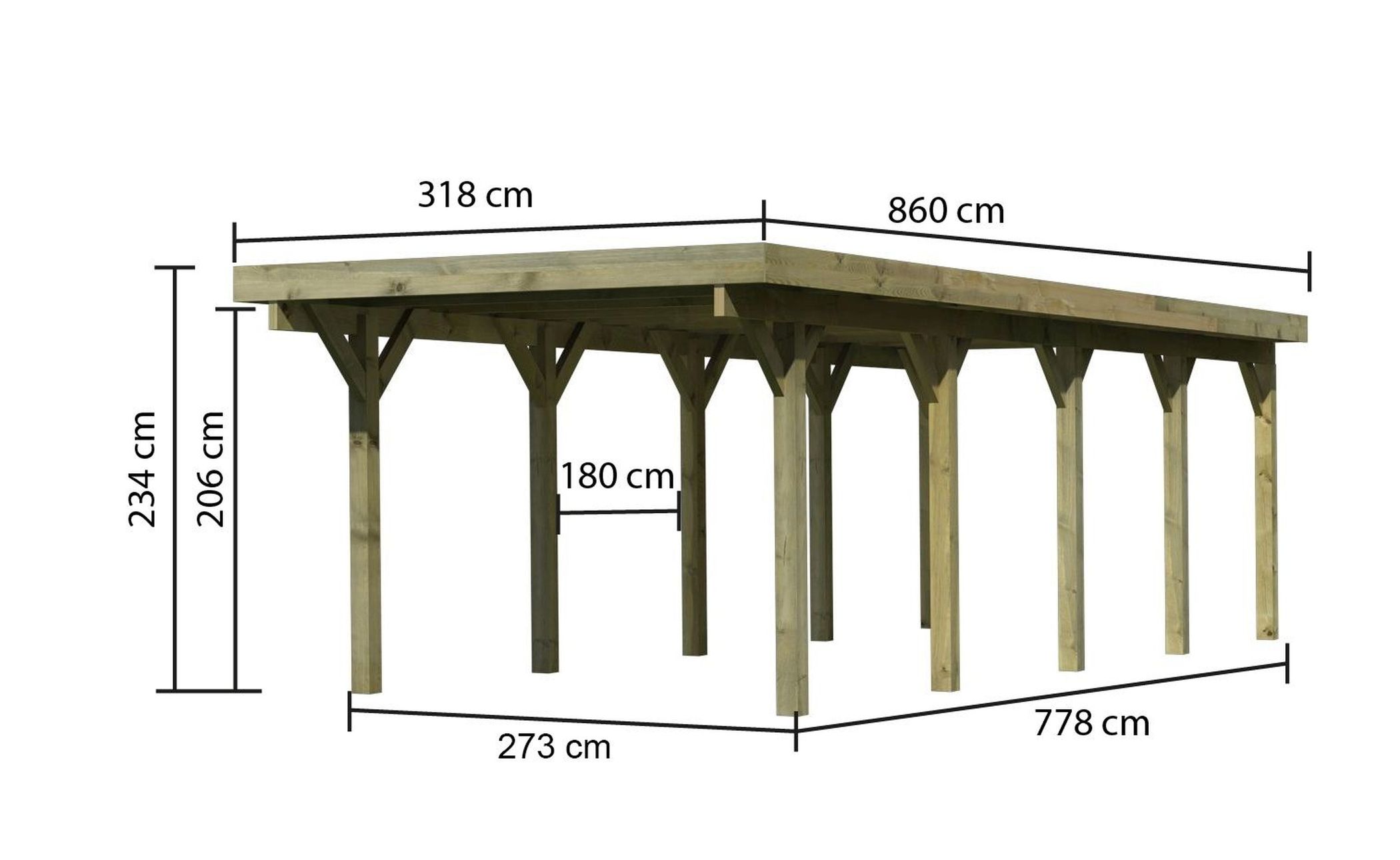 Maßzeichnung des Karibu Einzelcarport Classic 3 mit Dachmaß 318 × 860 cm und Durchfahrtshöhe 206 cm
