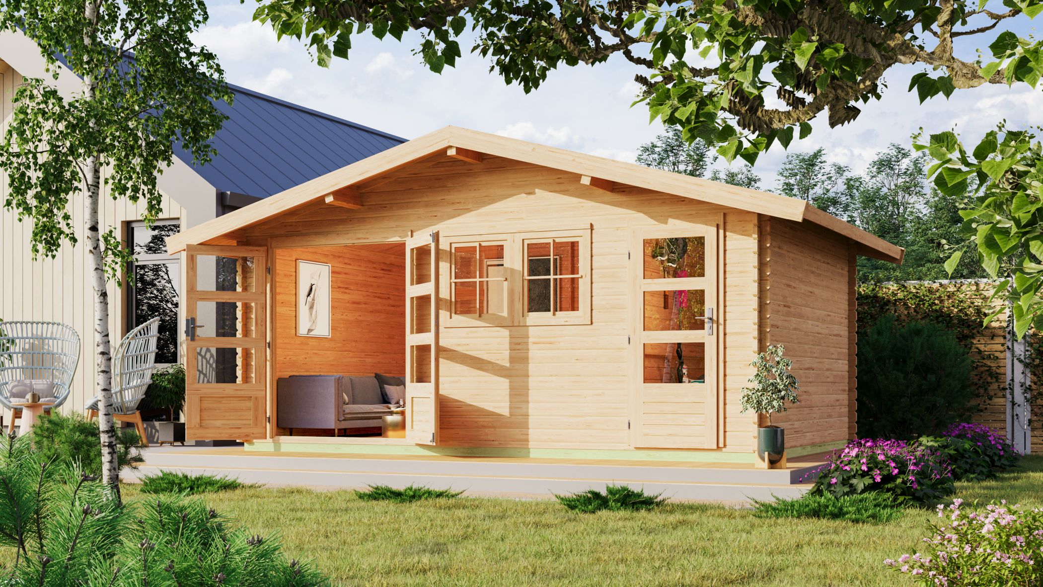 Produktbild eines Karibu Gartenprodukts aus Holz, im Garten aufgebaut
