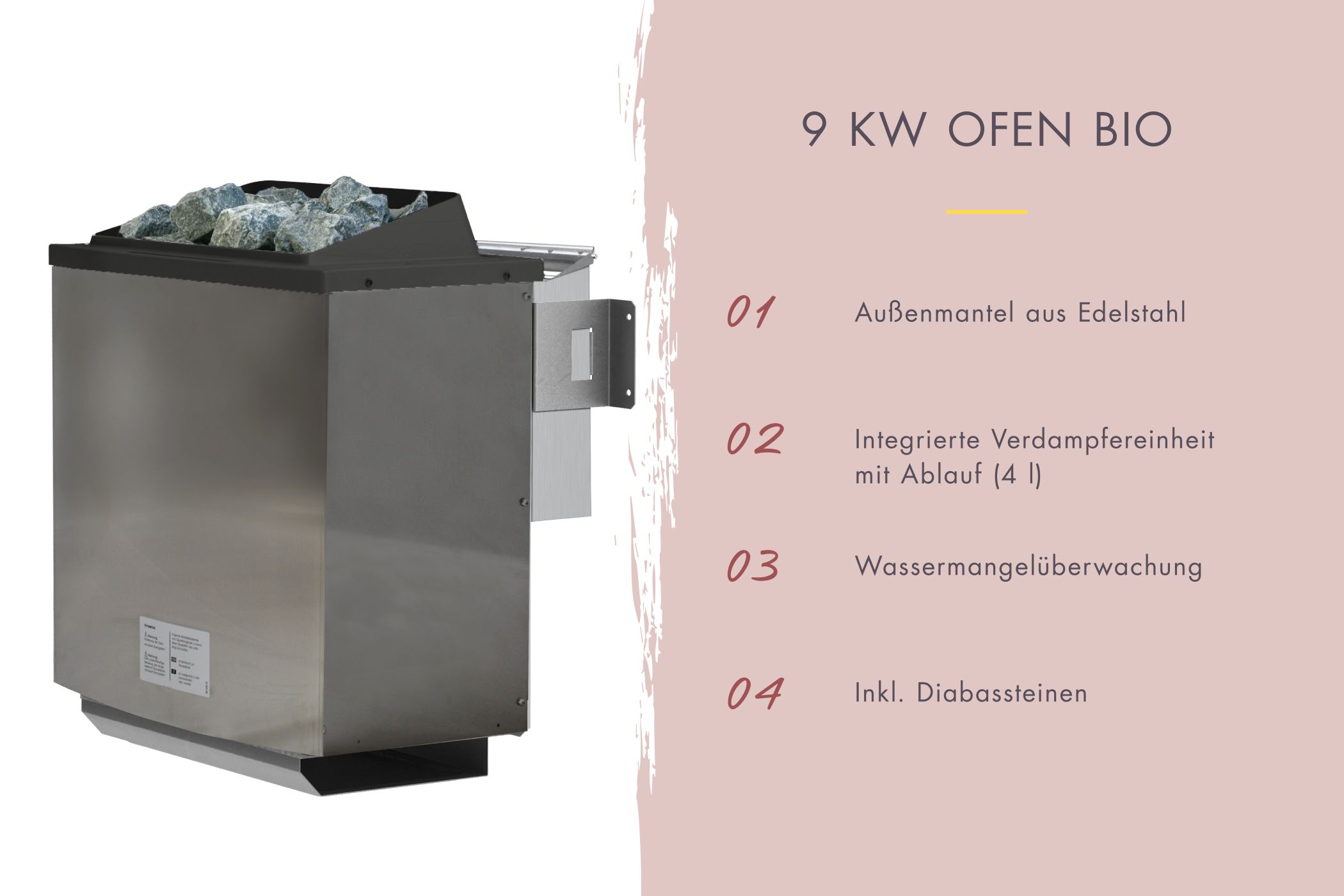 Finnischer Saunaofen mit 9 kW und Edelstahlmantel inklusive Diabas-Saunasteinen für Karibu Saunen