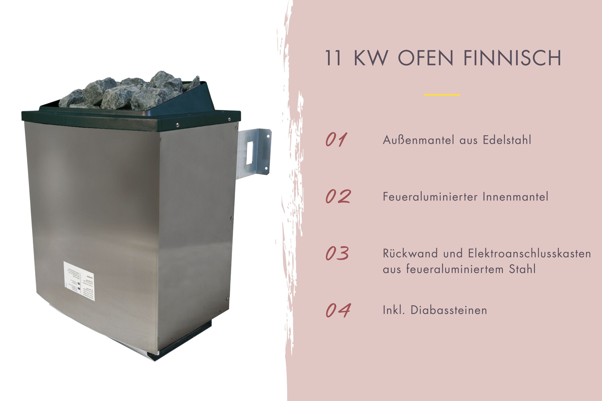 Finnischer Saunaofen mit 11 kW und Edelstahlmantel inklusive Diabas-Saunasteinen für die Gartensauna