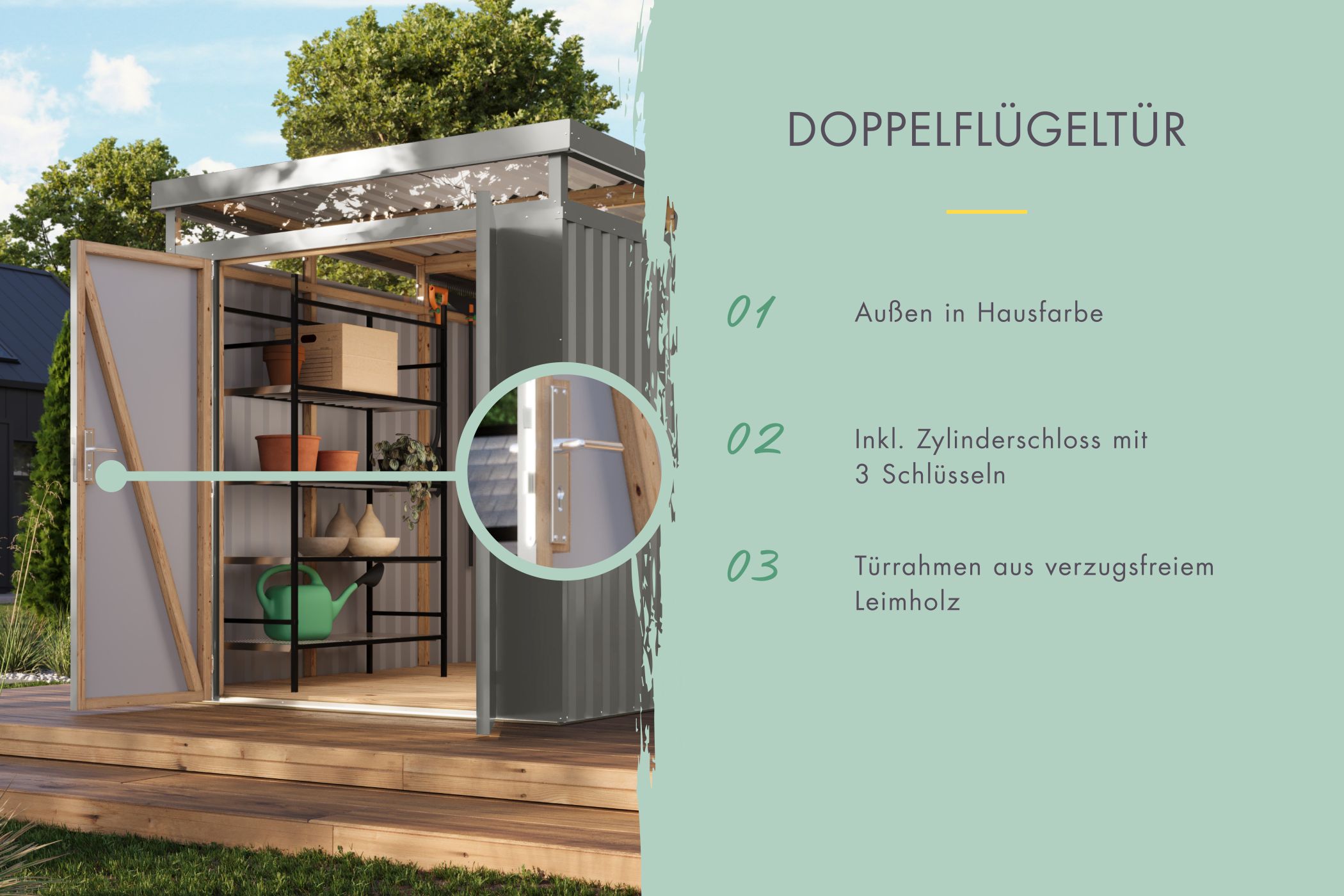 Doppelflügeltür des Karibu Gerätehaus aus Metall Aurum 2 mit Zylinderschloss und Kunstglas