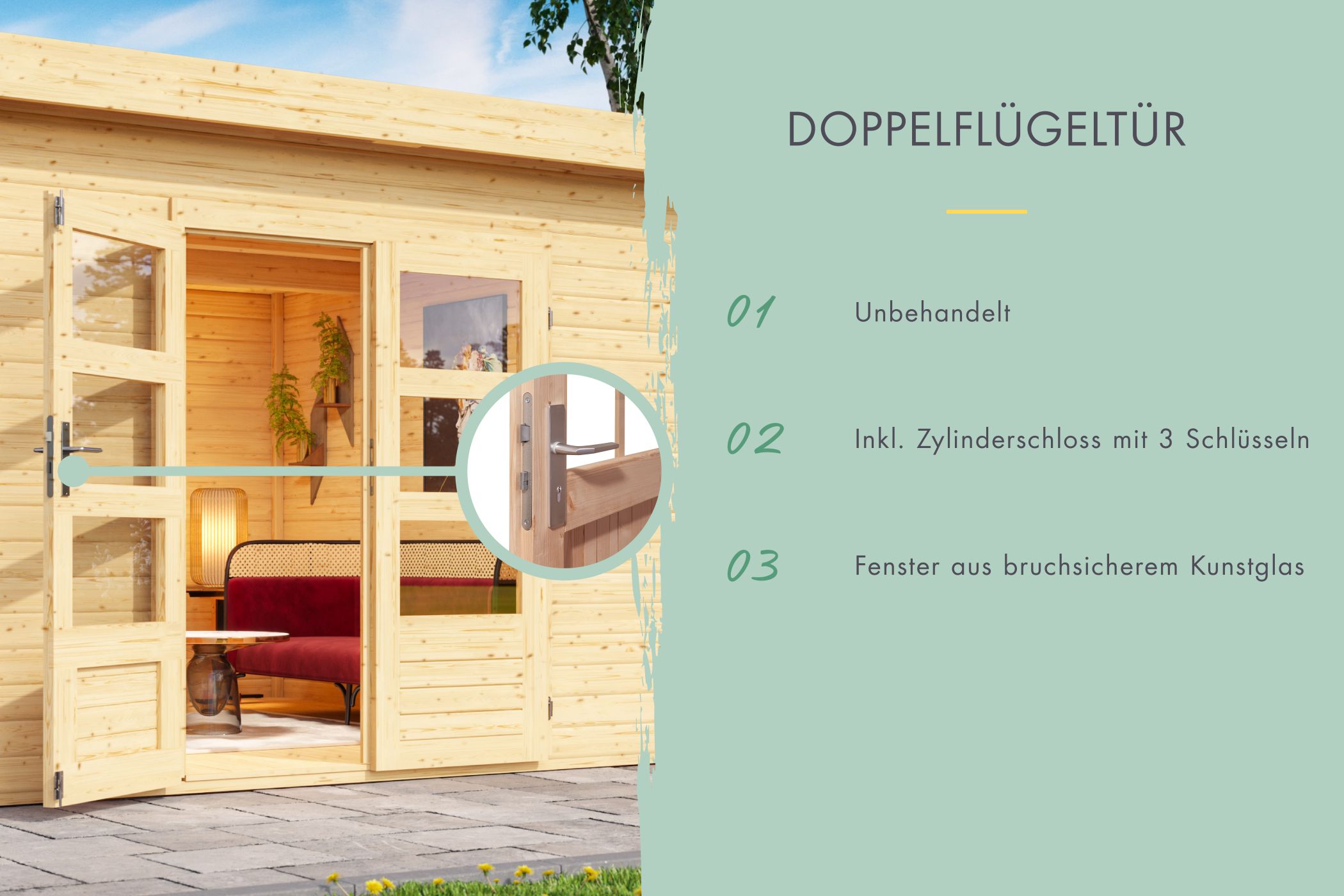Doppelflügeltür des Karibu Gartenhaus Benstrup 2 mit Zylinderschloss und Kunstglas
