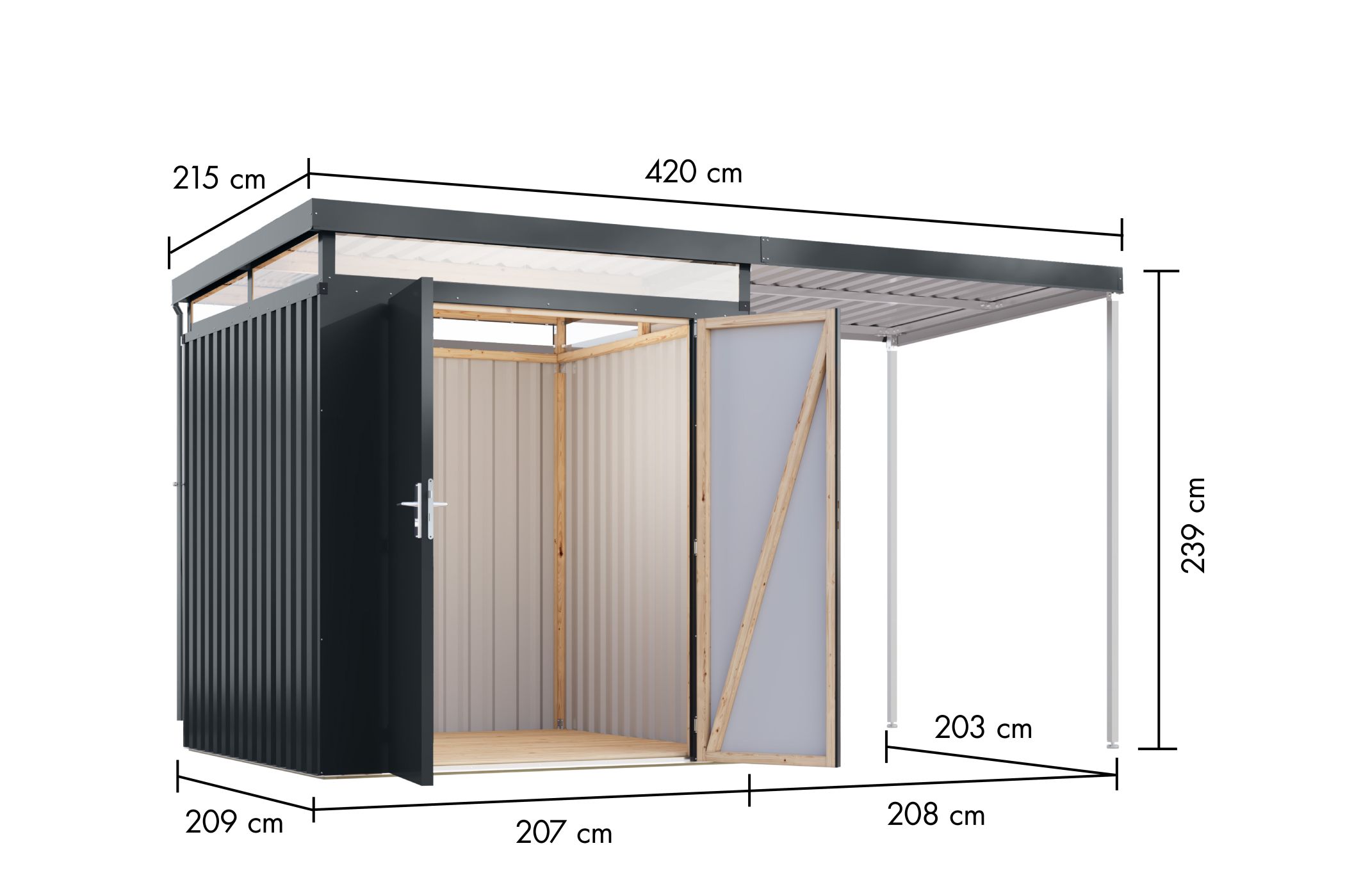Bemaßte Maßzeichnung des Karibu Gerätehaus aus Metall Aurum 2, 414 × 209 cm